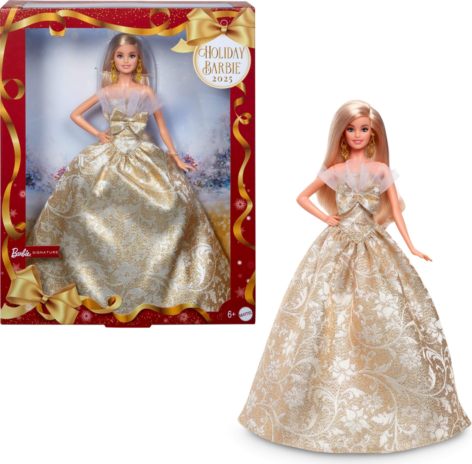 Barbie Holiday Barbie Blonde Signature BLACK Dress-up Doll & House, Pretend Play, For Ages 6 and Up, Gold JBH95