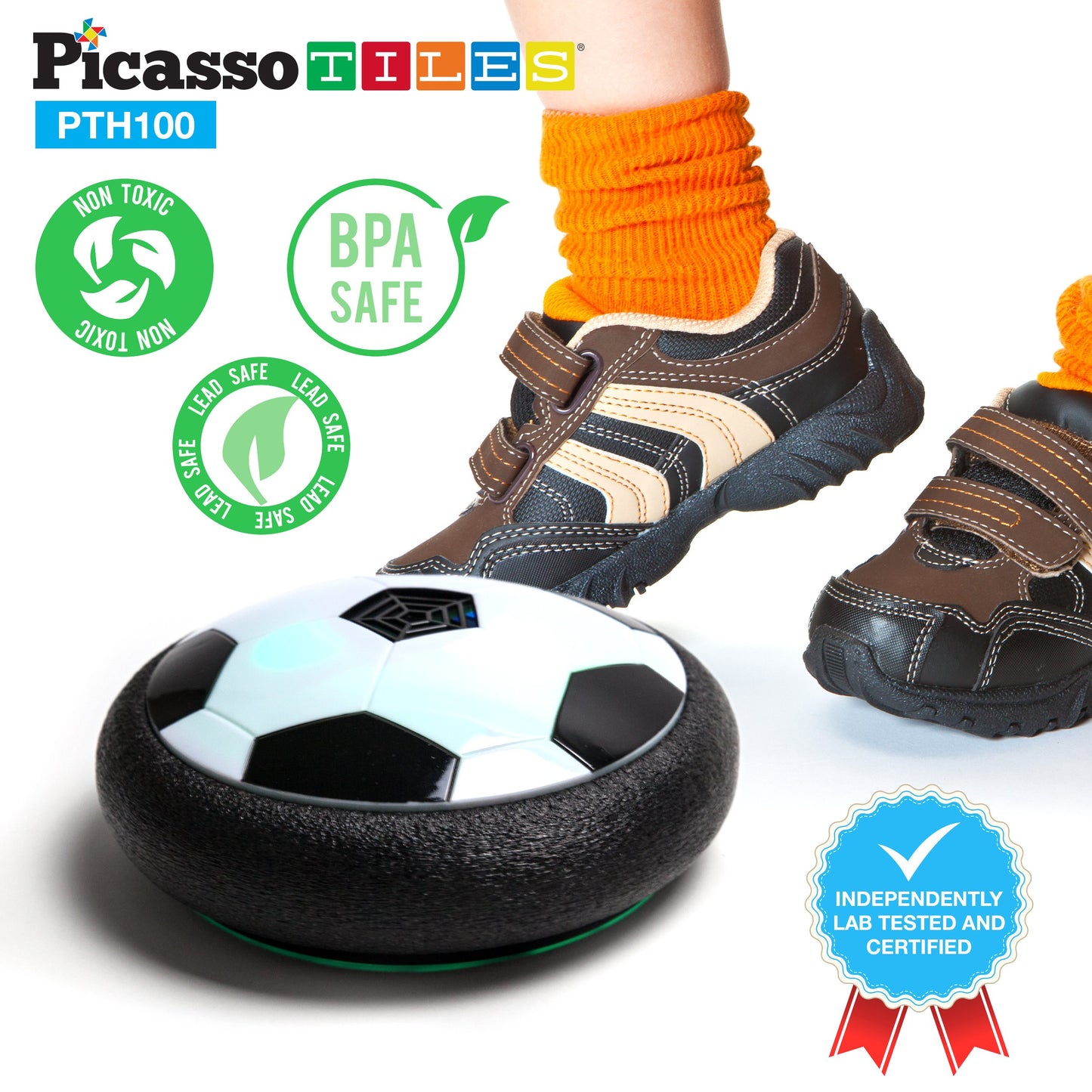 PicassoTiles Hoverball Air Hockey Soccer Floating Disc with LED Light Airlift Power Soft Bumper Indoor Gliding Toy Battery Operated Movement Training