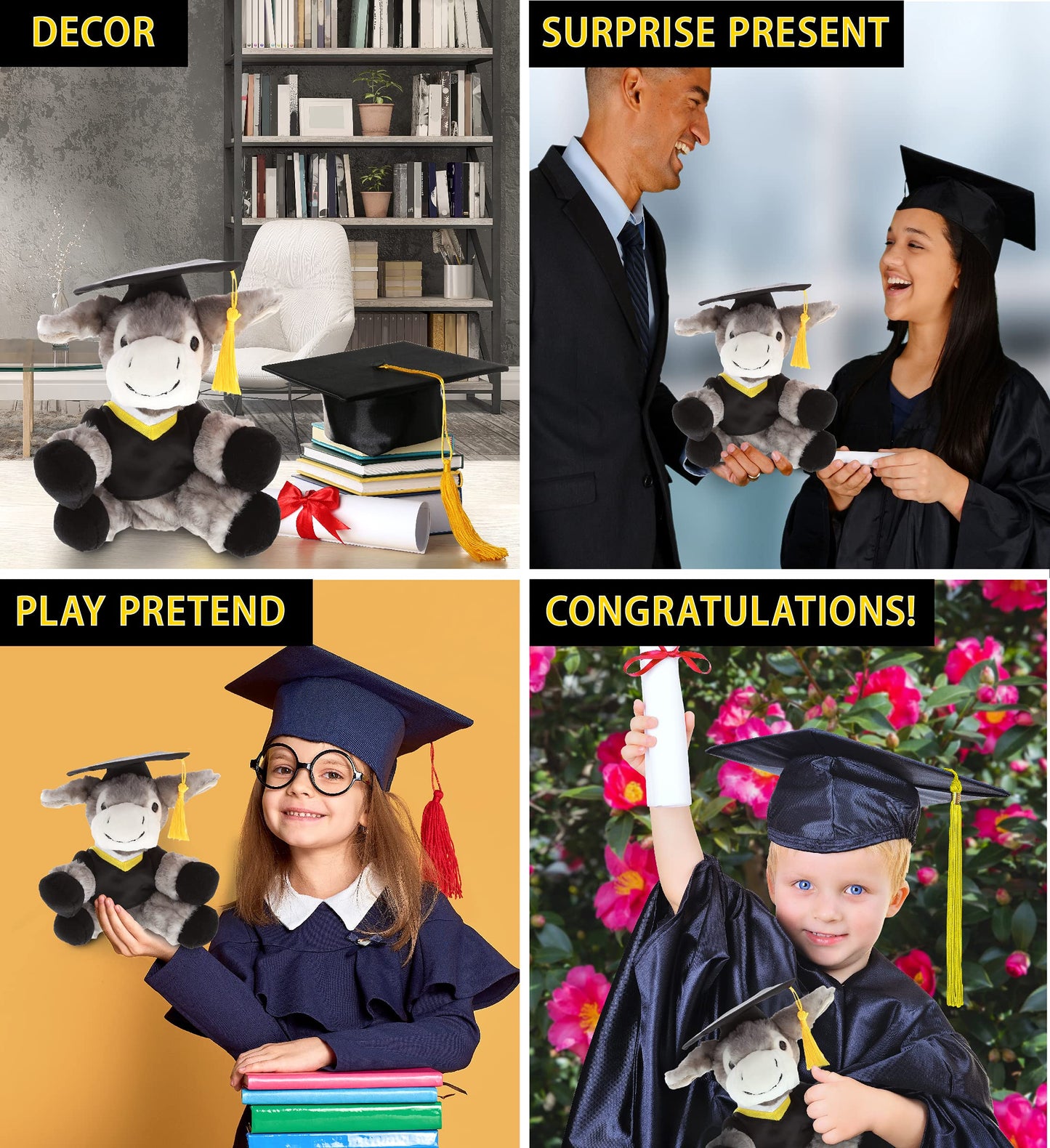 DolliBu Lying Grey Donkey Graduation Plush Toy - Soft Graduation Stuffed Animal Dress Up with Gown & Cap with Tassel Outfit and with Personalization