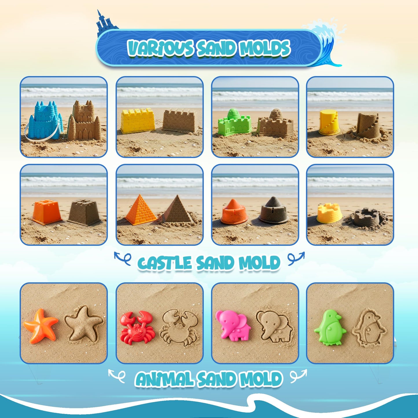 4E's Novelty Beach Toys for Kids with Bag (17 Pcs Set) Castle Beach Bucket with Shovels & Molds Kit - Sand Toys Set for Toddlers with Mesh Beach Bag