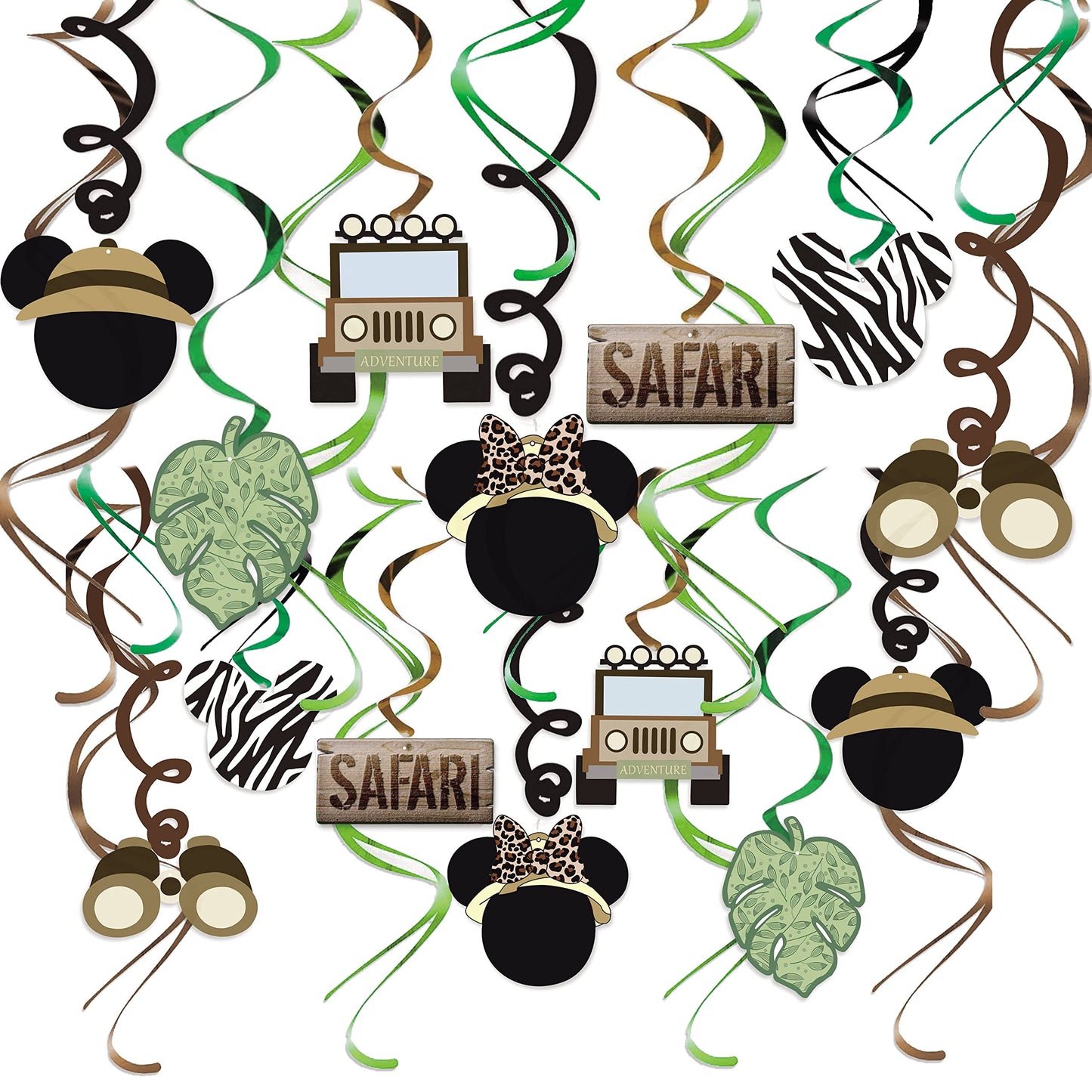 Mouse Safari Happy Birthday Decorations Hanging Swirls, Let's Go Wild Jungle Safari Wild One Birthday Party Supplies (24 CT)