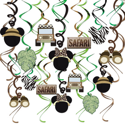 Mouse Safari Happy Birthday Decorations Hanging Swirls, Let's Go Wild Jungle Safari Wild One Birthday Party Supplies (24 CT)