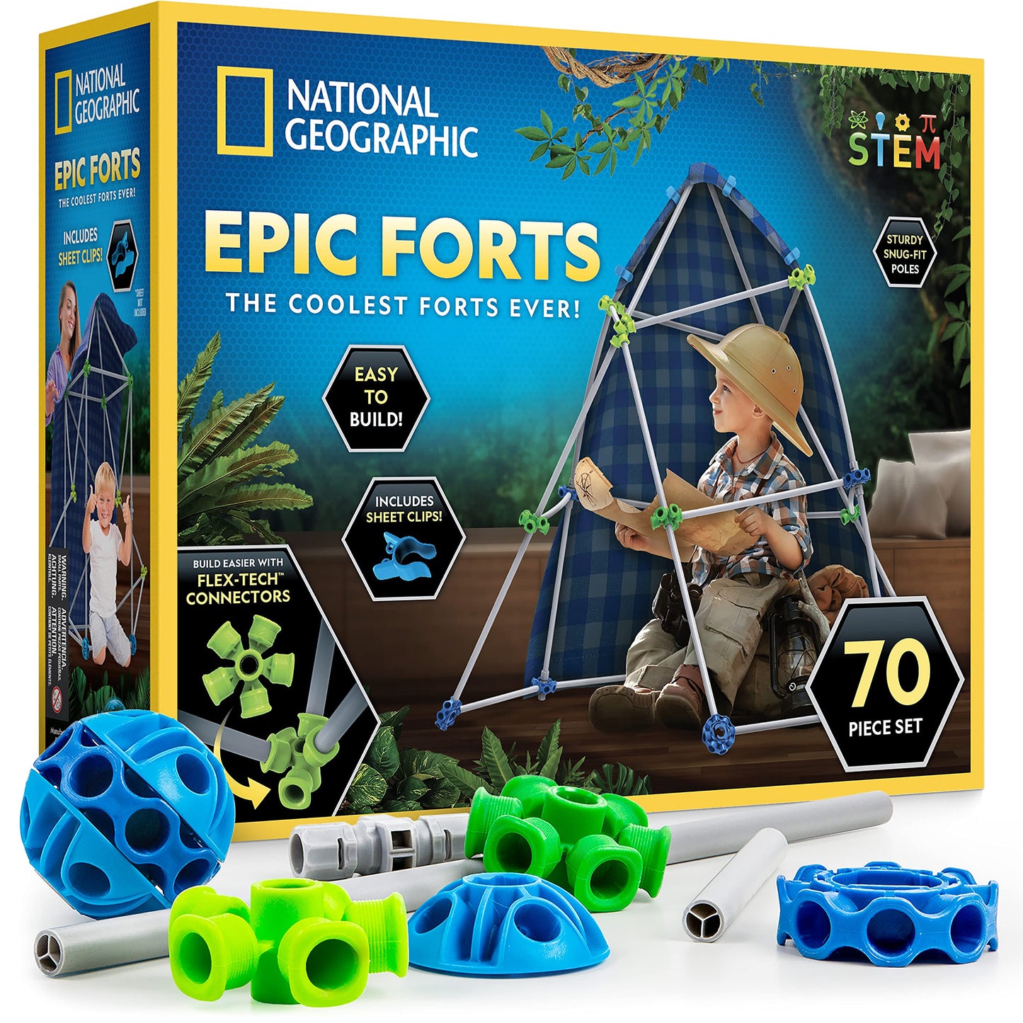 NATIONAL GEOGRAPHIC Kids Fort Building Kit - 70-Piece Indoor Fort Builder - Creative Play, STEM Building Toy, Building Kit for Kids 6-10, Blanket Fort