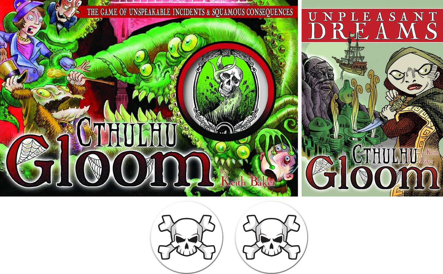 Cthulhu Gloom and Unpleasant Dreams Expansion Bundle Plus 2 Skull Buttons