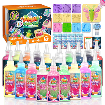 Timetome Magic Water Elf Toy Kit for Kids - 20 Gels (11 Standard + 6 Glitter + 3 Glow) & 10 Molds, DIY Squishy Maker, Aqua Fairy Gel Toys, Night Glow