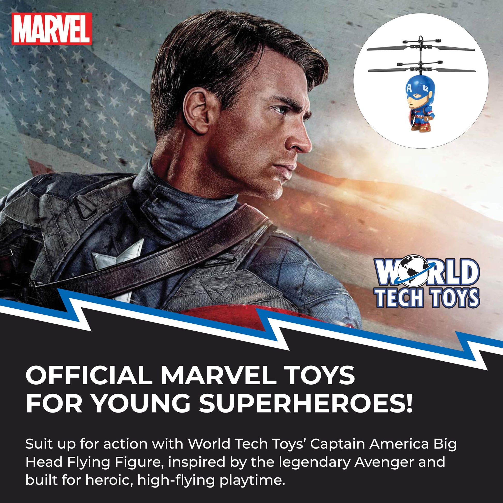 World Tech Toys Marvel Captain America Big Head Helicopter Toy - Motion Sensored Flying Toy for Kids - Marvel Licensed - Kids 6+