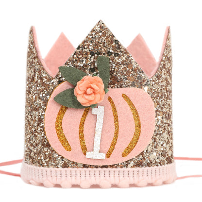 Agvgaza Pumpkin First Birthday Crown - Floral Pumpkin Theme One Birthday Hat, Golden Glitter Hat for Halloween Harvest Photo Prop