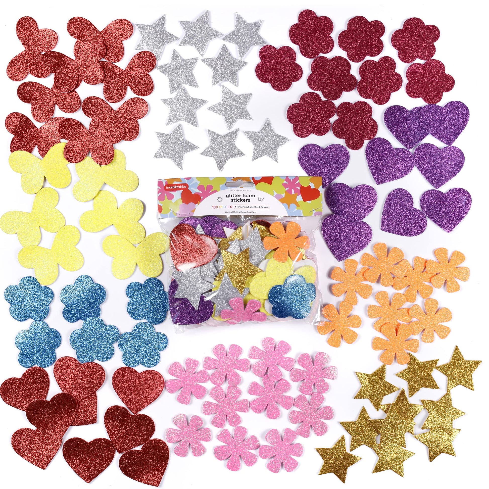 Incraftables Glitter Self Adhesive Foam Stickers for Kids, 100pcs Heart, Star, Butterfly, Flower Shapes, Multicolor, Felt Material, Modern Style