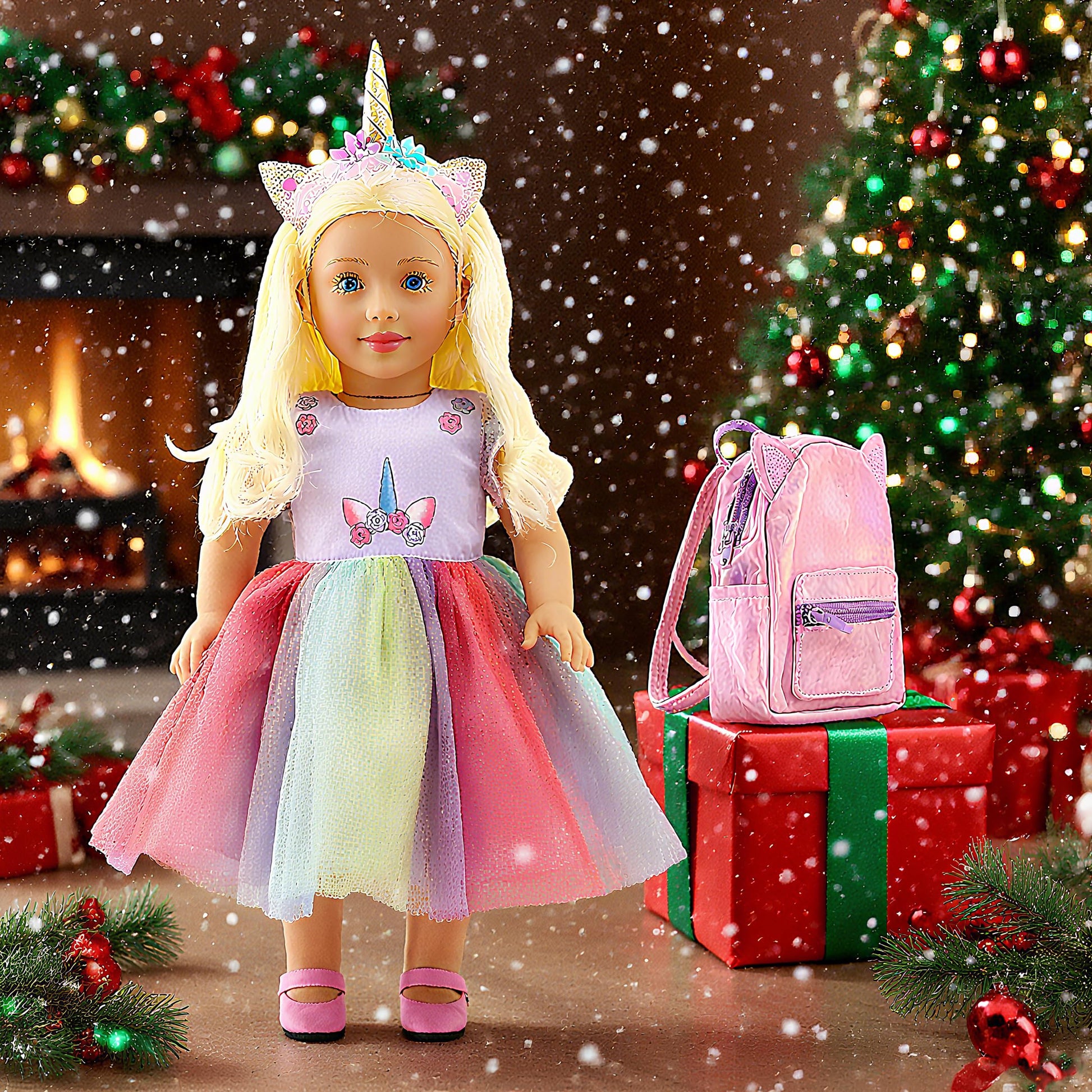 DOLLFUN 18 inch Doll Clothes and Accessories, Unicorn Dress Set Includes Shoes, Unicorn Headbands & Backpack(Compatibie with Most 18 Inch Doll)