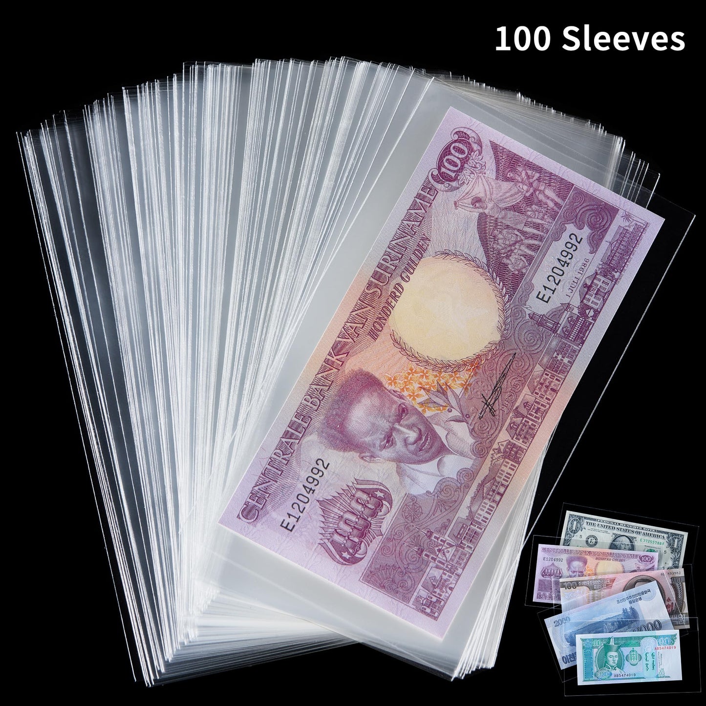 100 PCS Currency Sleeves - Clear Dollar Holder with Storage Box Banknote Protector for Paper Money Bills Stamps Collection Supplies
