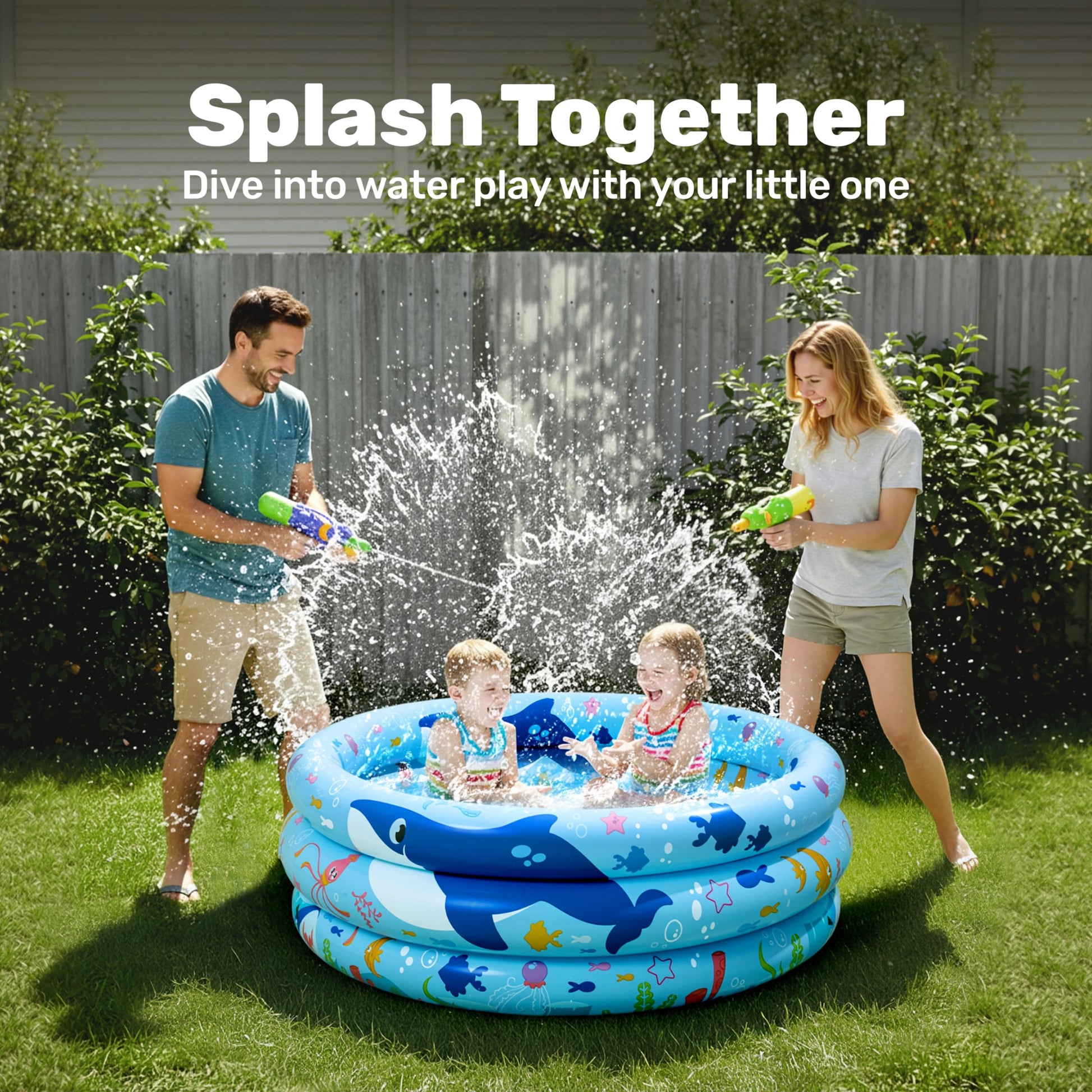Sloosh Inflatable Kiddie Pool, 34"x10" Blow Up Kid Swimming Pool, 3 Rings Blue Baby Pool for Toddler, Play Pit for Dog with Ocean Whale Pattern