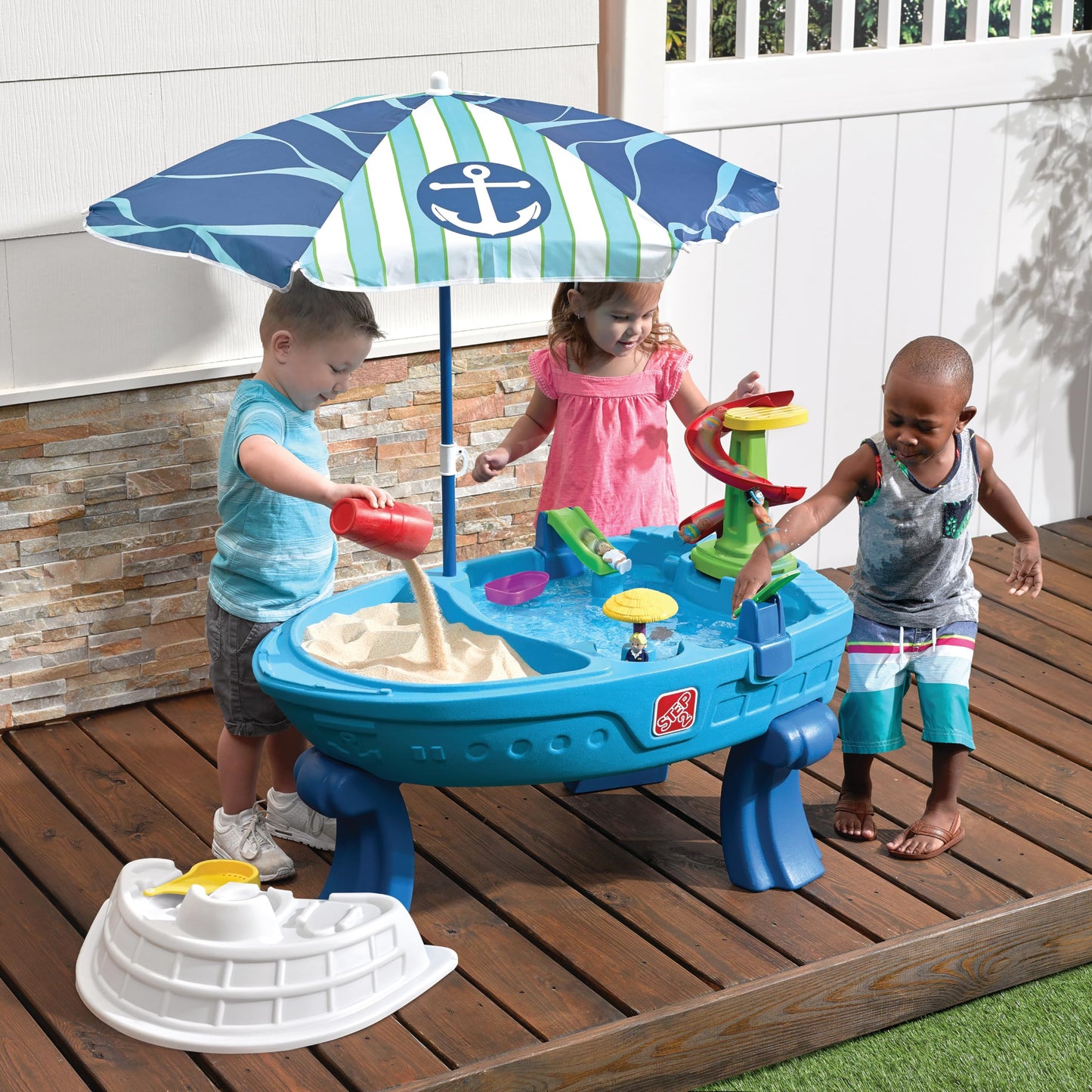 Step2 Fiesta Cruise Sand & Water Table with Umbrella, Kids Activity Sensory Playset, Summer Outdoor Toys, 10 Piece Water Toy Accessories, for Toddlers