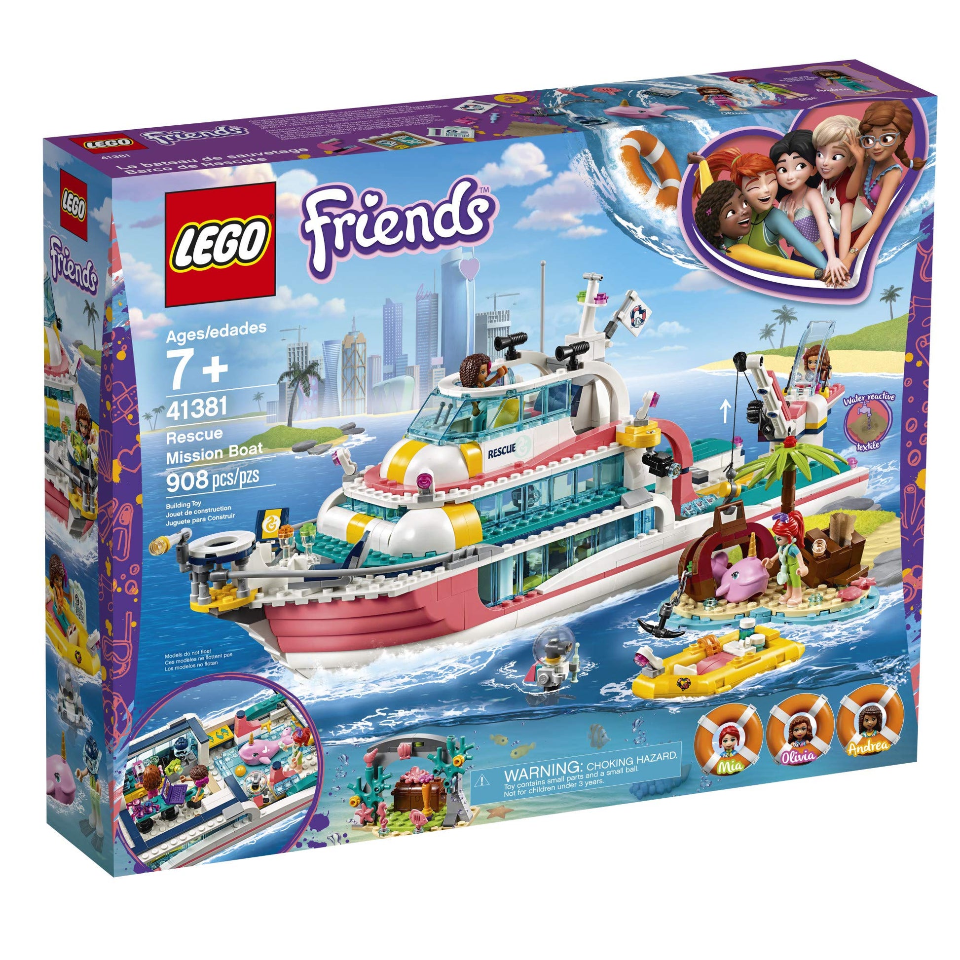 LEGO Friends Rescue Mission Boat 41381 Toy Boat Building Kit with Mini Dolls and Toy Sea Creatures, Rescue Playset Includes Narwhal Figure, Treasure