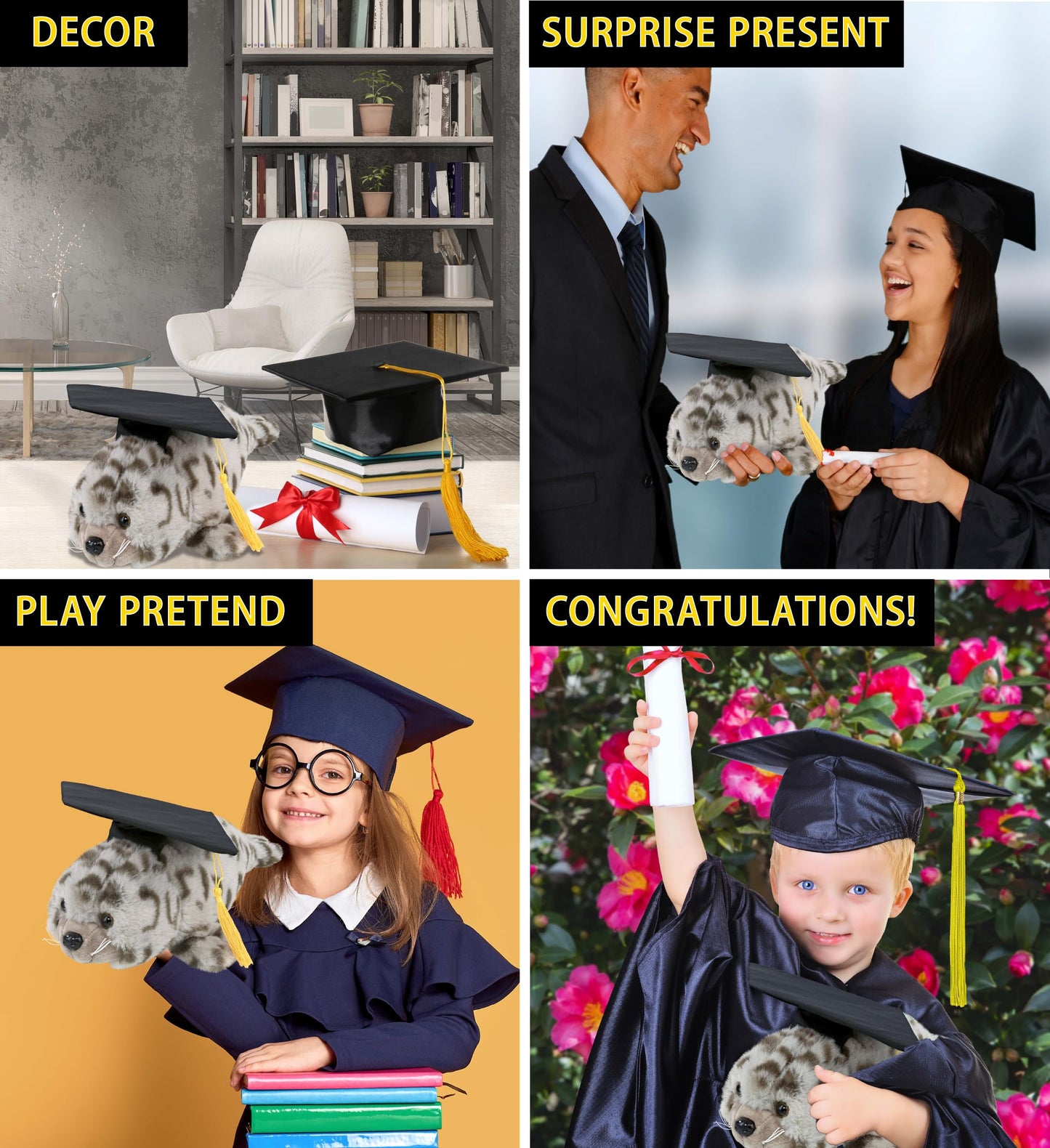DolliBu Seal Graduation Plush Toy - Super Soft Seal Plush Graduation Stuffed Animal Dress Up with Gown & Cap with Tassel Outfit - Gift