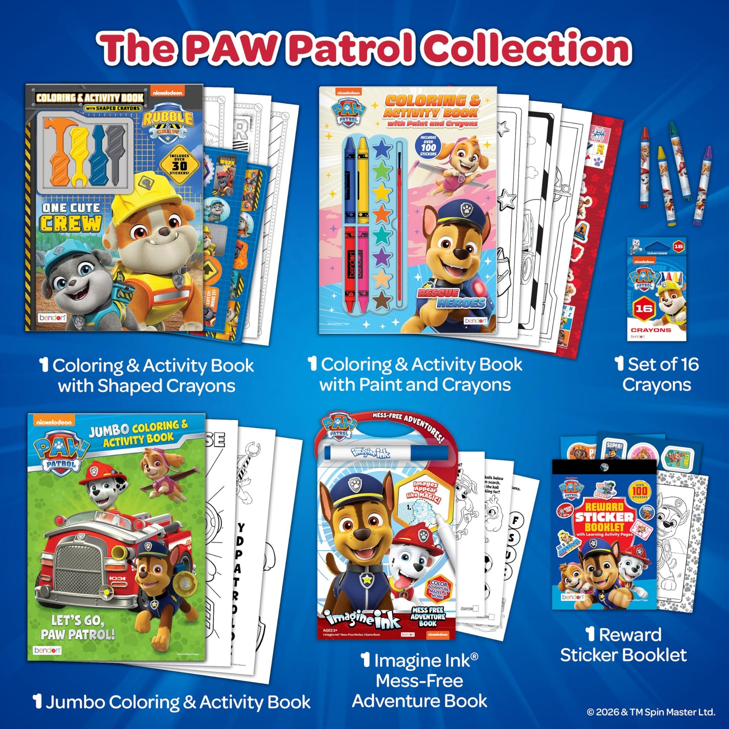 Nickelodeon PAW Patrol, Rubble & Crew Coloring and Activity Book Bundle, 6-Piece Set - Imagine Ink Mess-Free, Watercolor Paint, Sticker Booklet, 16