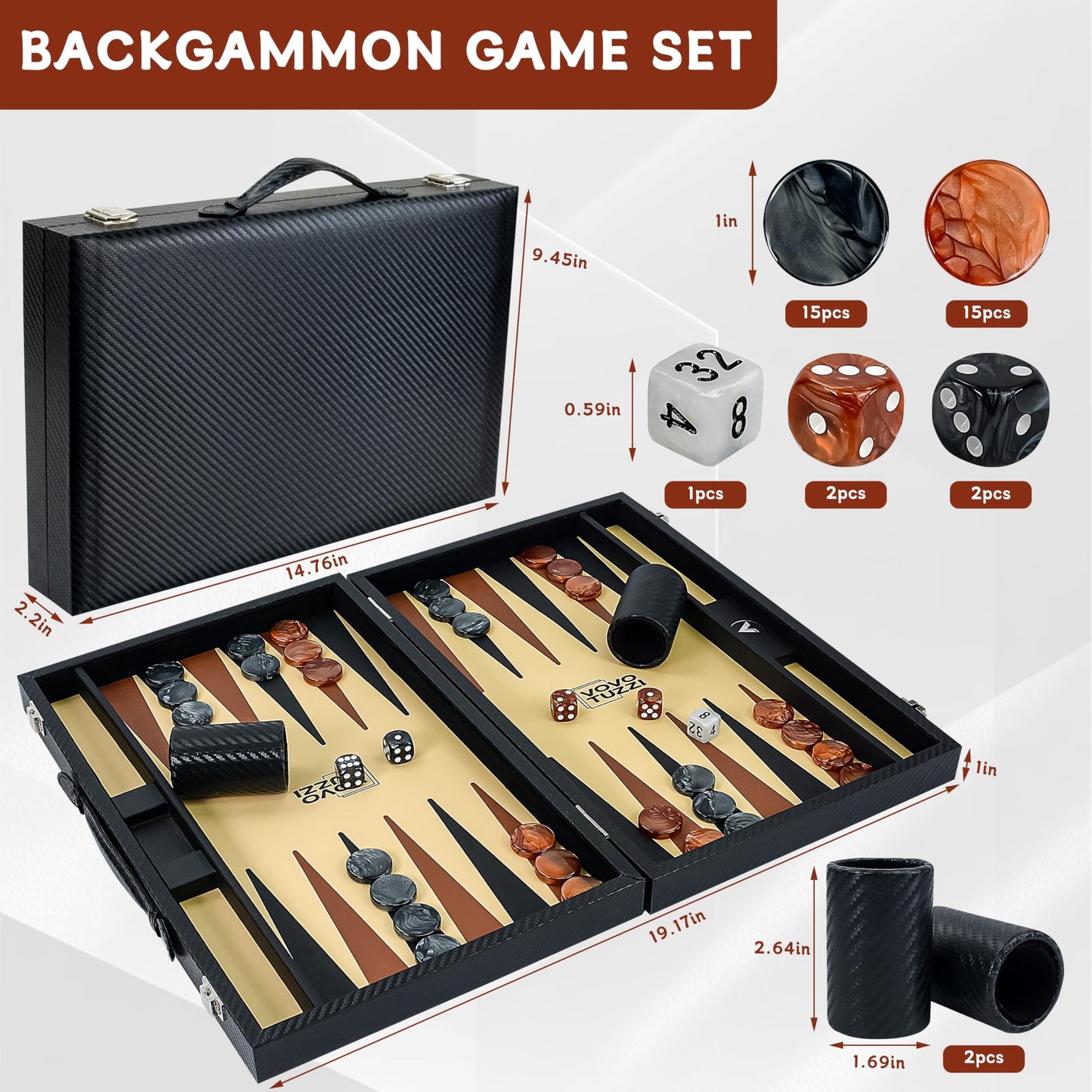 Vovotuzzi 15 Inch Backgammon Set for Adults, Premium Carbon Fiber PU Leather Foldable Backgammon Board Game, Portable Travel Classic Board Game