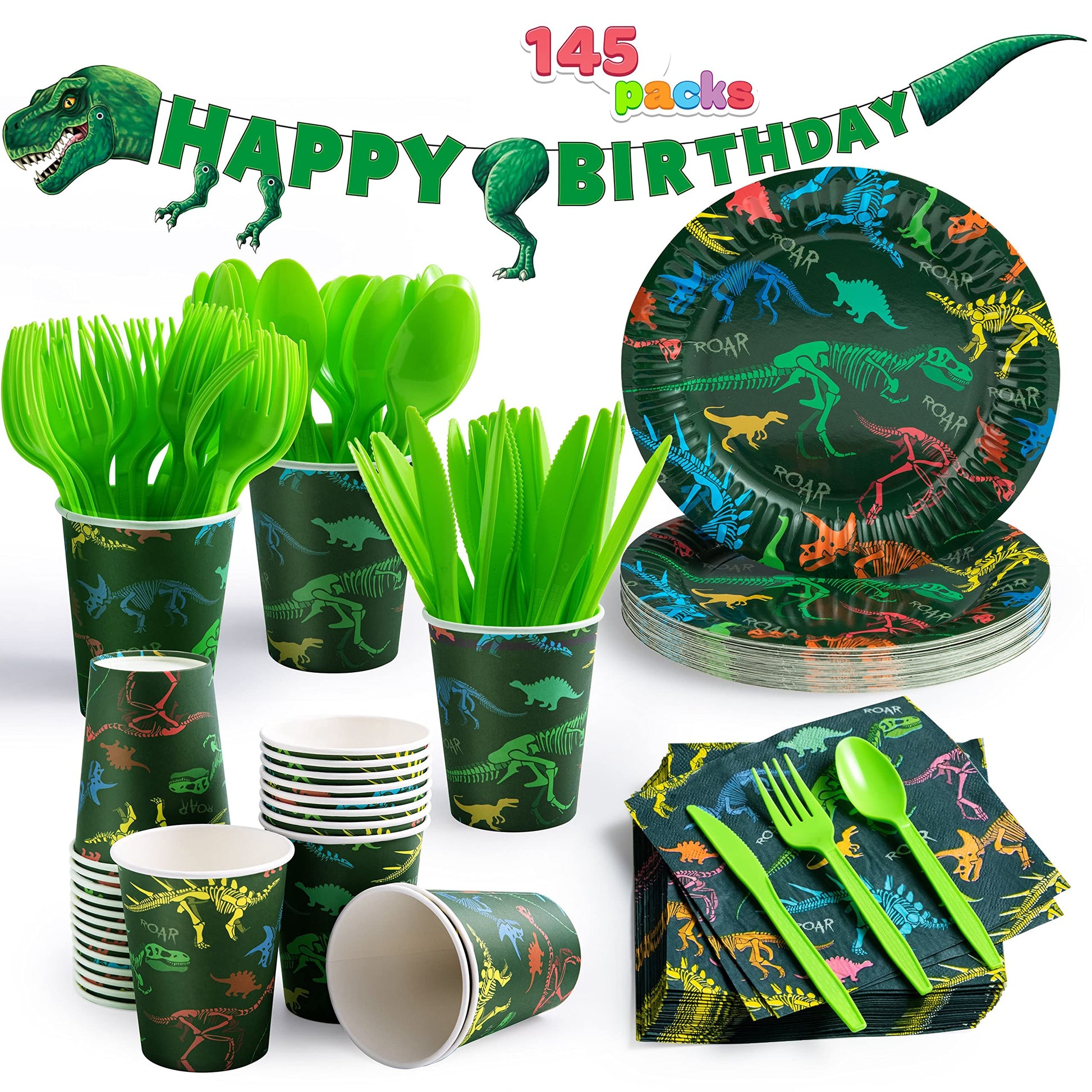 JOYIN 145 Piece Dinosaur Birthday Party Supplies with Banner, 24 Serves Dinosaur Disposable Tableware Set with Plates, Cups, Napkins, and Cutlery Sets