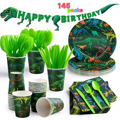 JOYIN 145 Piece Dinosaur Birthday Party Supplies with Banner, 24 Serves Dinosaur Disposable Tableware Set with Plates, Cups, Napkins, and Cutlery Sets