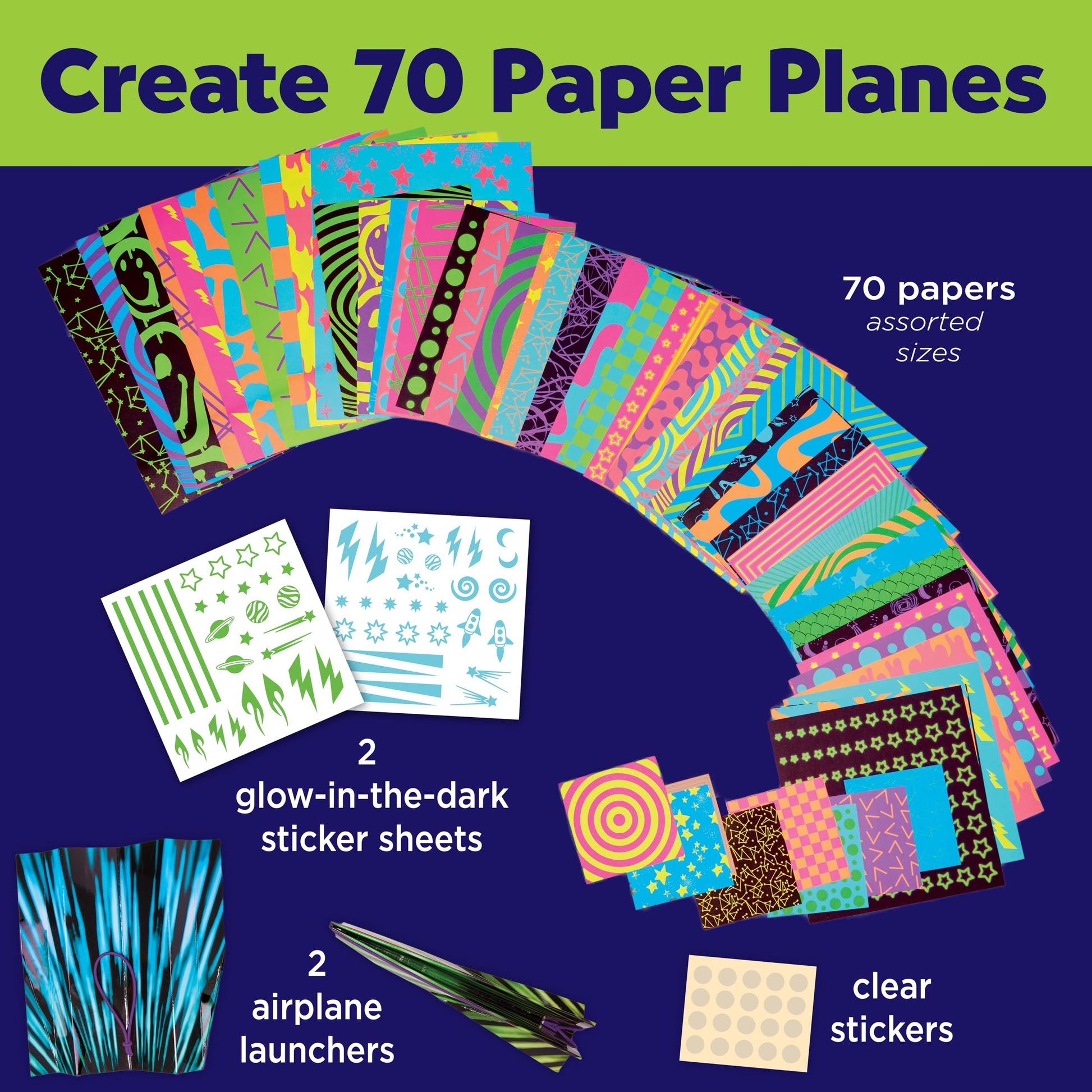 Creativity for Kids Paper Airplane Kit - Stunt Squadron Neon Glow, Makes 70 Paper Airplanes and 2 Plane Launchers, STEM Birthday or Summer Activities