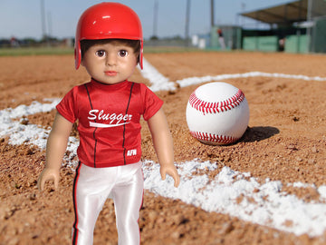 American Fashion World Red Baseball Uniform for 18-Inch Dolls | Accessories Included | Premium Quality & Trendy Design