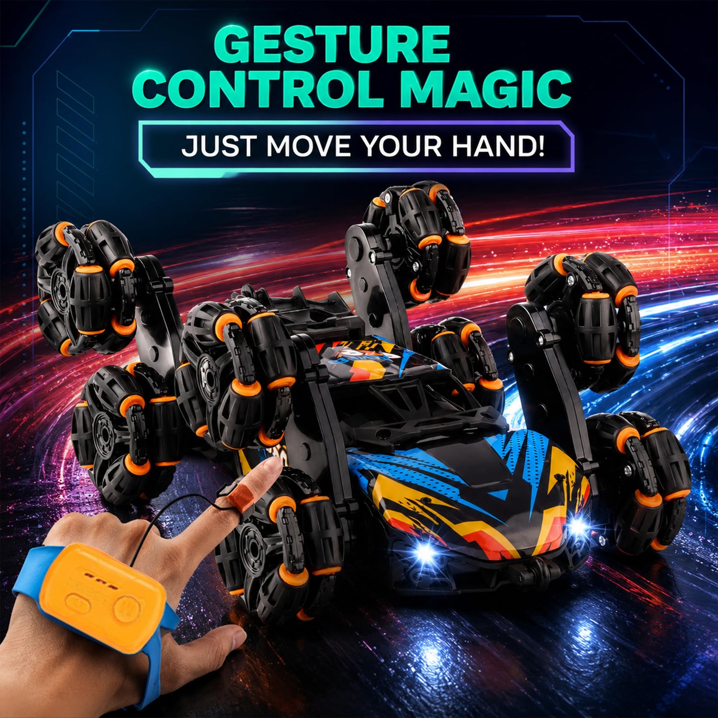 8 Wheels Hand Controlled RC Stunt Car, Gesture Sensing Car for Boys 6-12