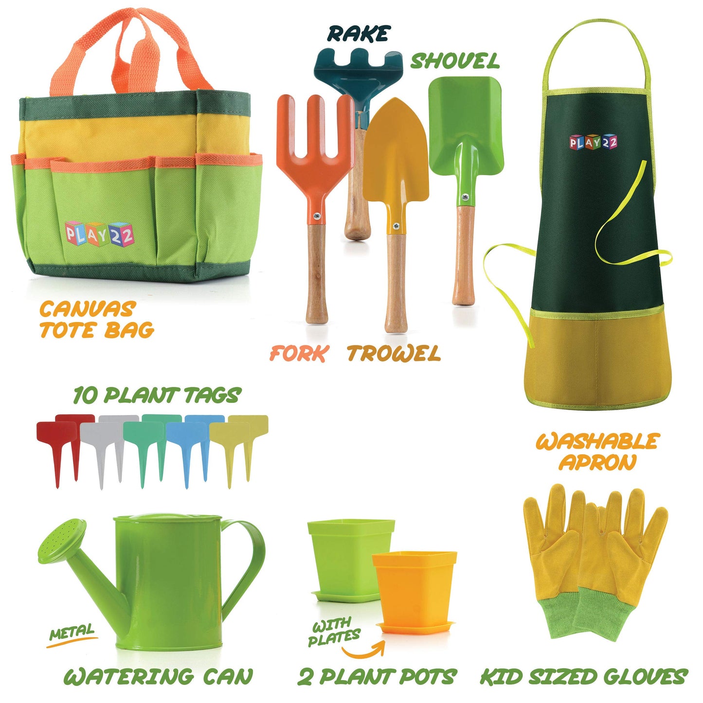 Play22 Kids Gardening Tool Set 12 PCS - Kids Gardening Tools Shovel Rake Fork Trowel Apron Gloves Watering Can and Tote Bag, Toddler Gardening Tools