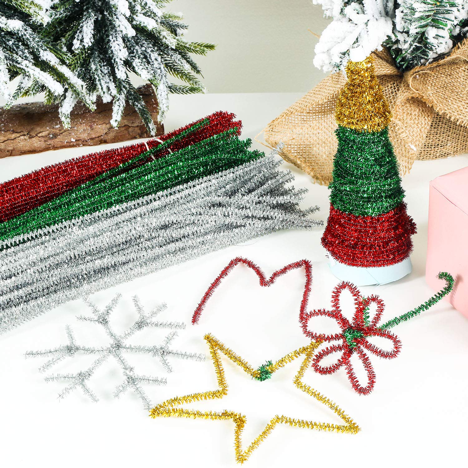 WILLBOND 400 Pieces Christmas Pipe Cleaners Craft Pipe Cleaners Glitter Chenille Stems Creative Arts Chenille Stems for DIY Craft Christmas