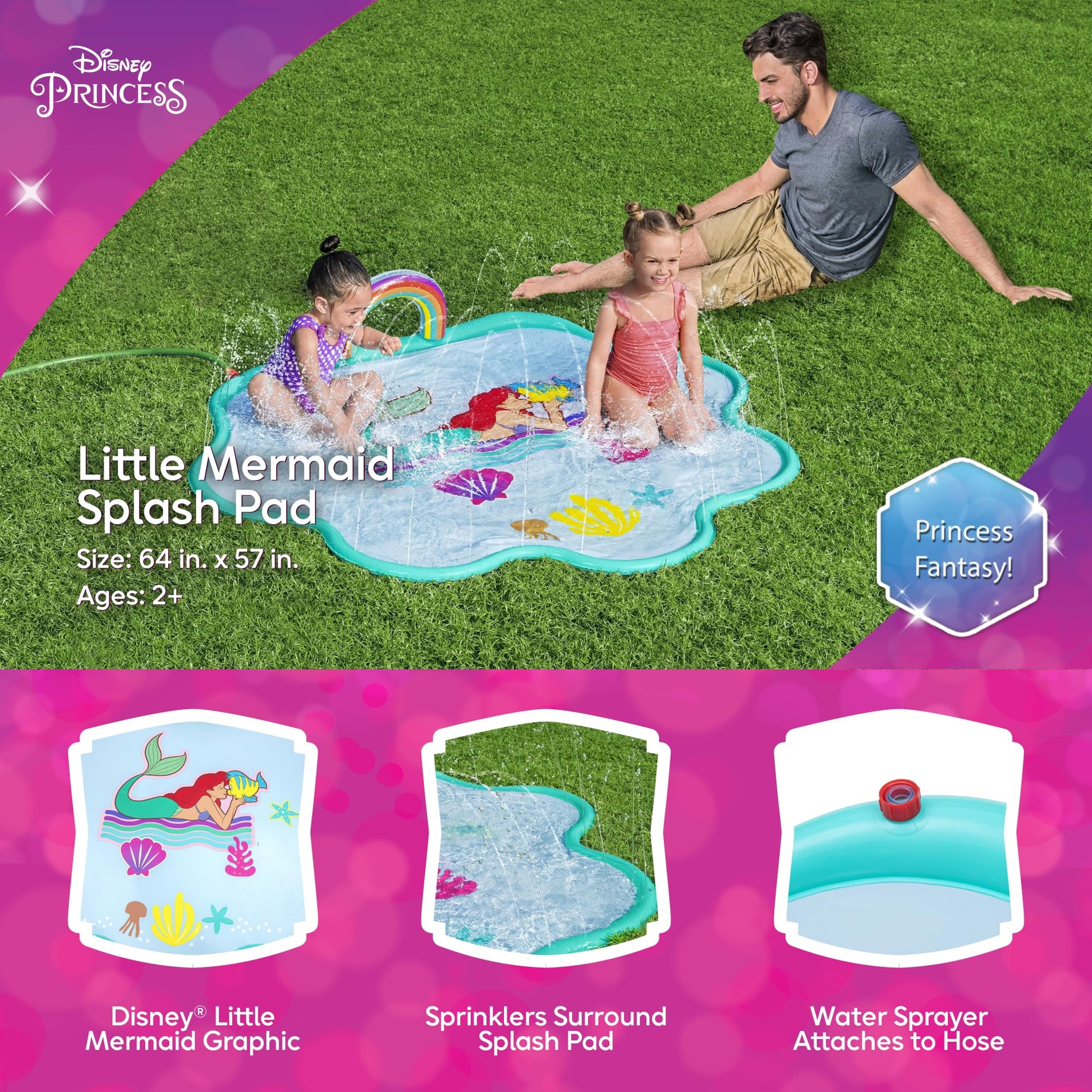 Disney Little Mermaid Splash Pad | Outdoor Sprinkler Water Toy for Children | Made for Kids Ages 2 and Up