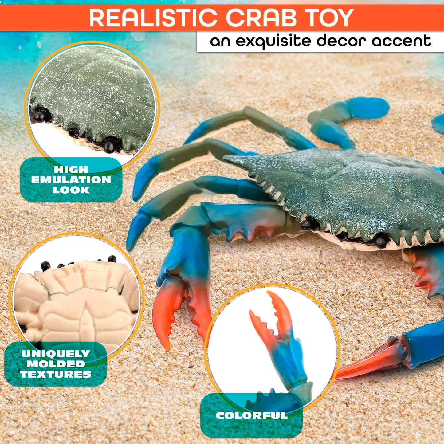 Blue Crab Toys for Kids - Realistic Plastic Crab Figure, 6.6 x 5.3 Lifelike Ocean Animal for Bath Play, Coastal Displays, Marine Life Lessons, Party