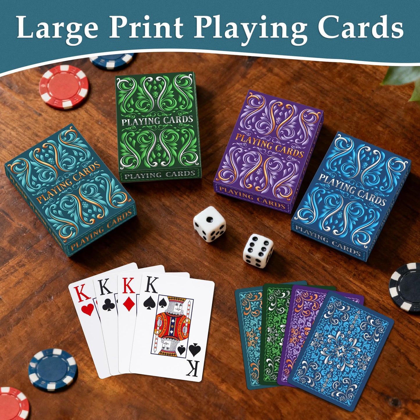 Playing Cards 4 Pack, Plastic Playing Cards Waterproof, Deck of Cards Bulk, Large Print Playing Card for Seniors Adults,Premium Poker Cards Set