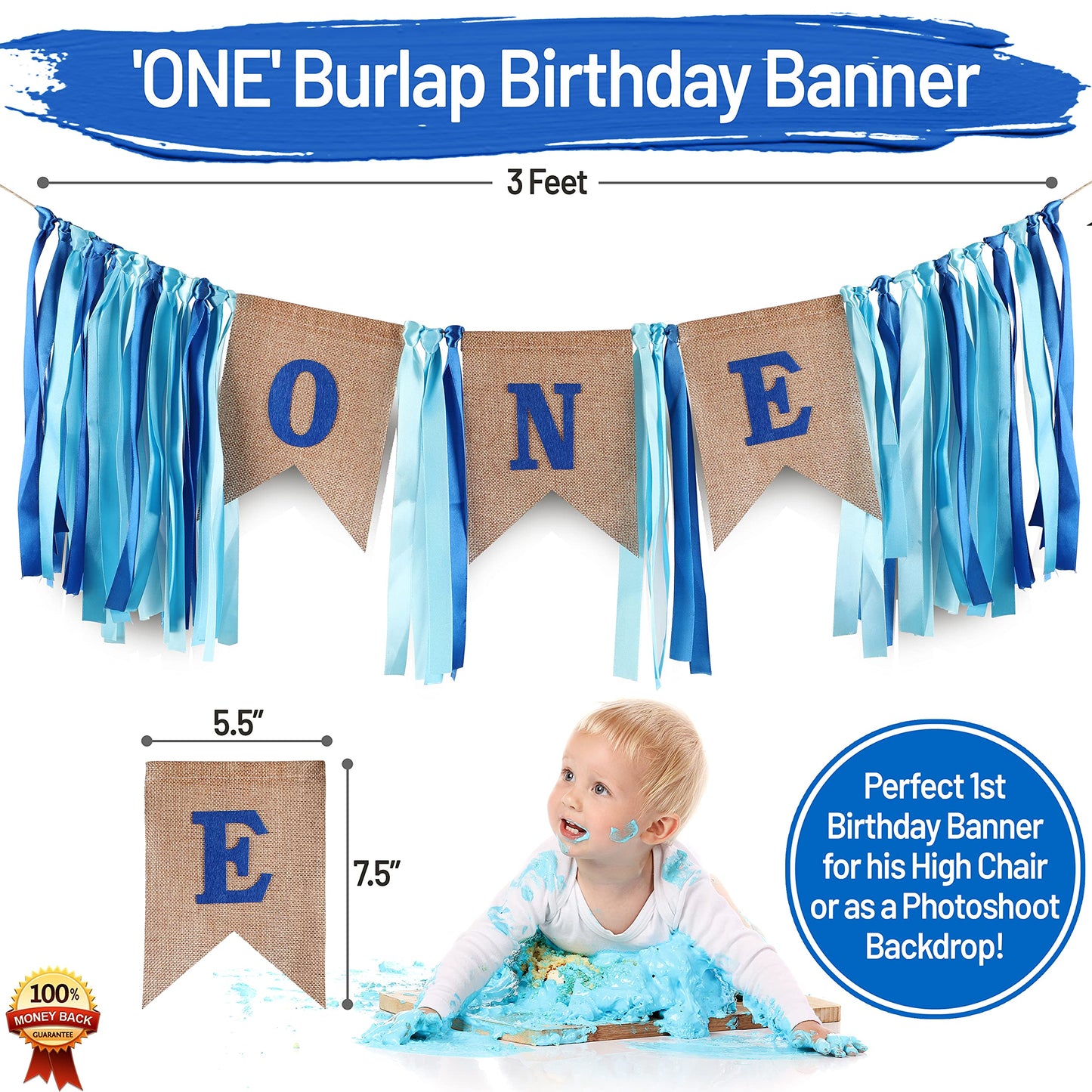 Baby Boy 1st Birthday Decorations With Birthday Crown - First Birthday Boy Decorations - Cake Smash Party Supplies - Happy Birthday and HighChair One