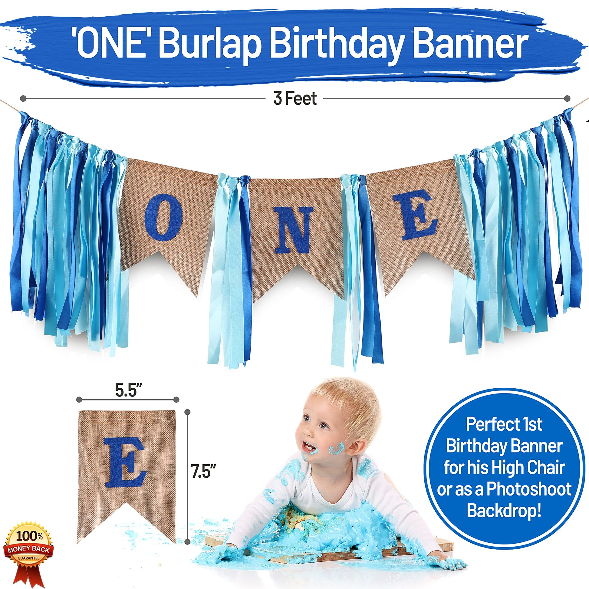 Baby Boy 1st Birthday Decorations With Birthday Crown - First Birthday Boy Decorations - Cake Smash Party Supplies - Happy Birthday and HighChair One