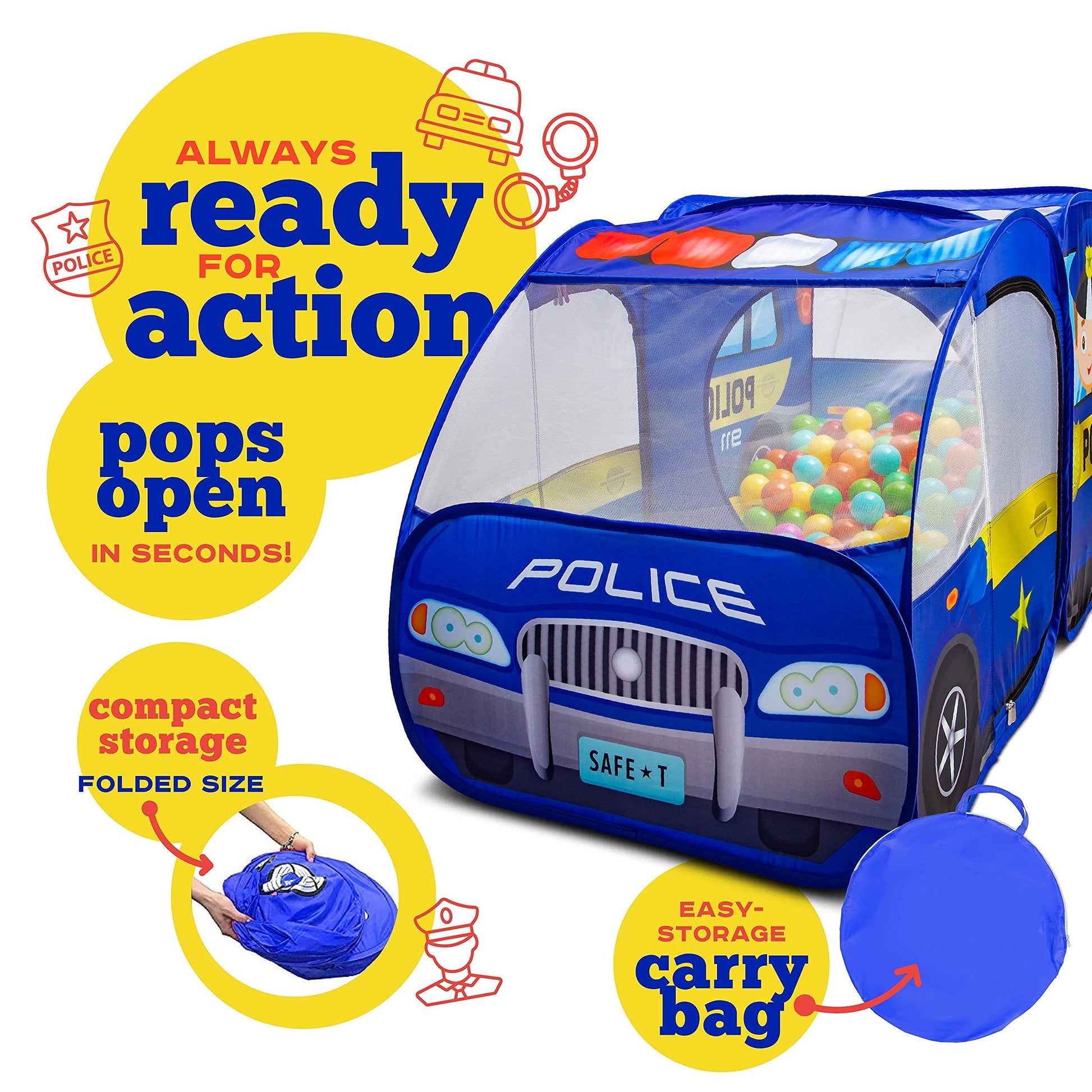 Police Car Pop Up Play Tent with Sound Button and Policeman Officer Costume for Kids, Toddlers, Boys, Girls, Indoors & Outdoors - Playhouse