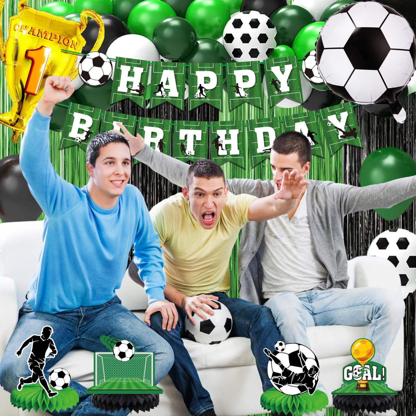 Soccer birthday Party Decorations, Soccer Birthday Party Supplies Kit, Include Sport Themed Birthday banner, Foil Fringe,Hanging Swirls, Soccer