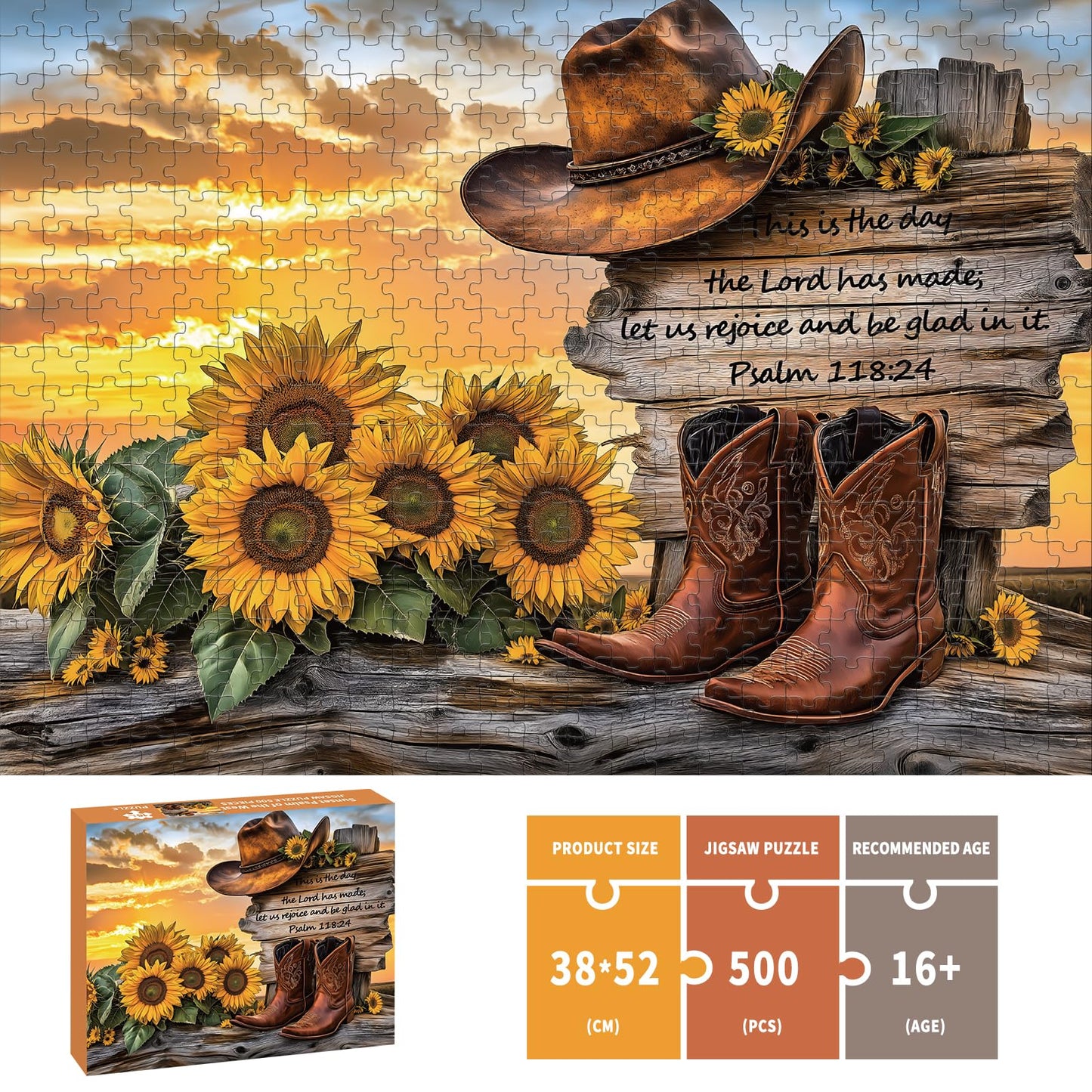 Puzzles for Adults 500 Pieces, Cowboy Hat and Cowboy Boot Jigsaw Puzzles - Sunset Psalm of the West, Impossible Sunflower Puzzles for Seniors Family