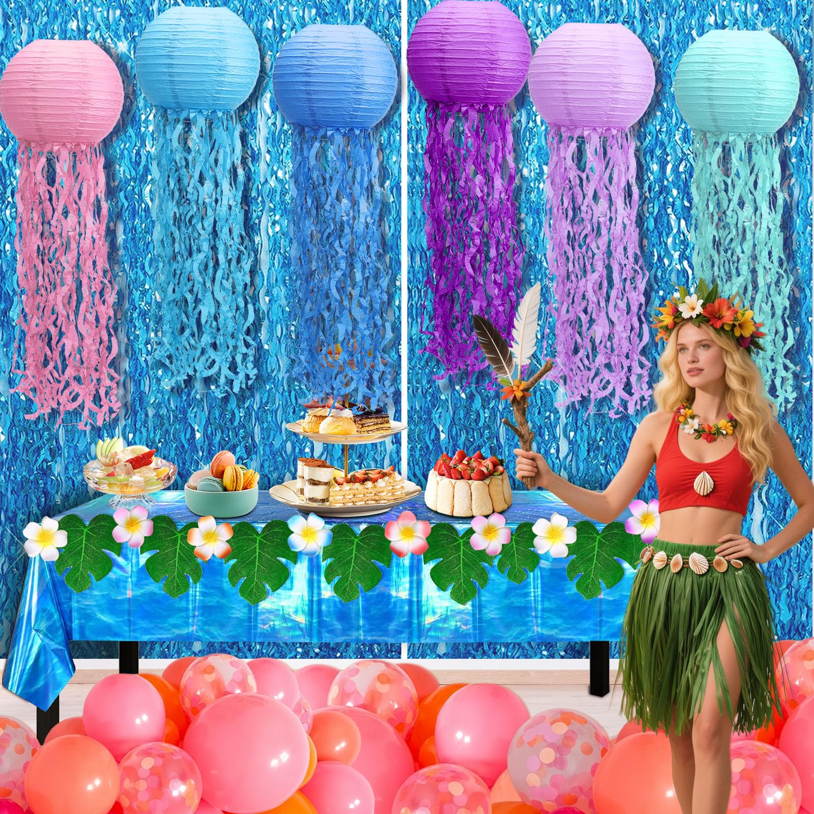 Fufuddz Under The Sea Party Decorations, Ocean Themed Party Decorations with Jellyfish Decor Blue Fringe Backdrop Tablecloth for Classroom Decor Beach