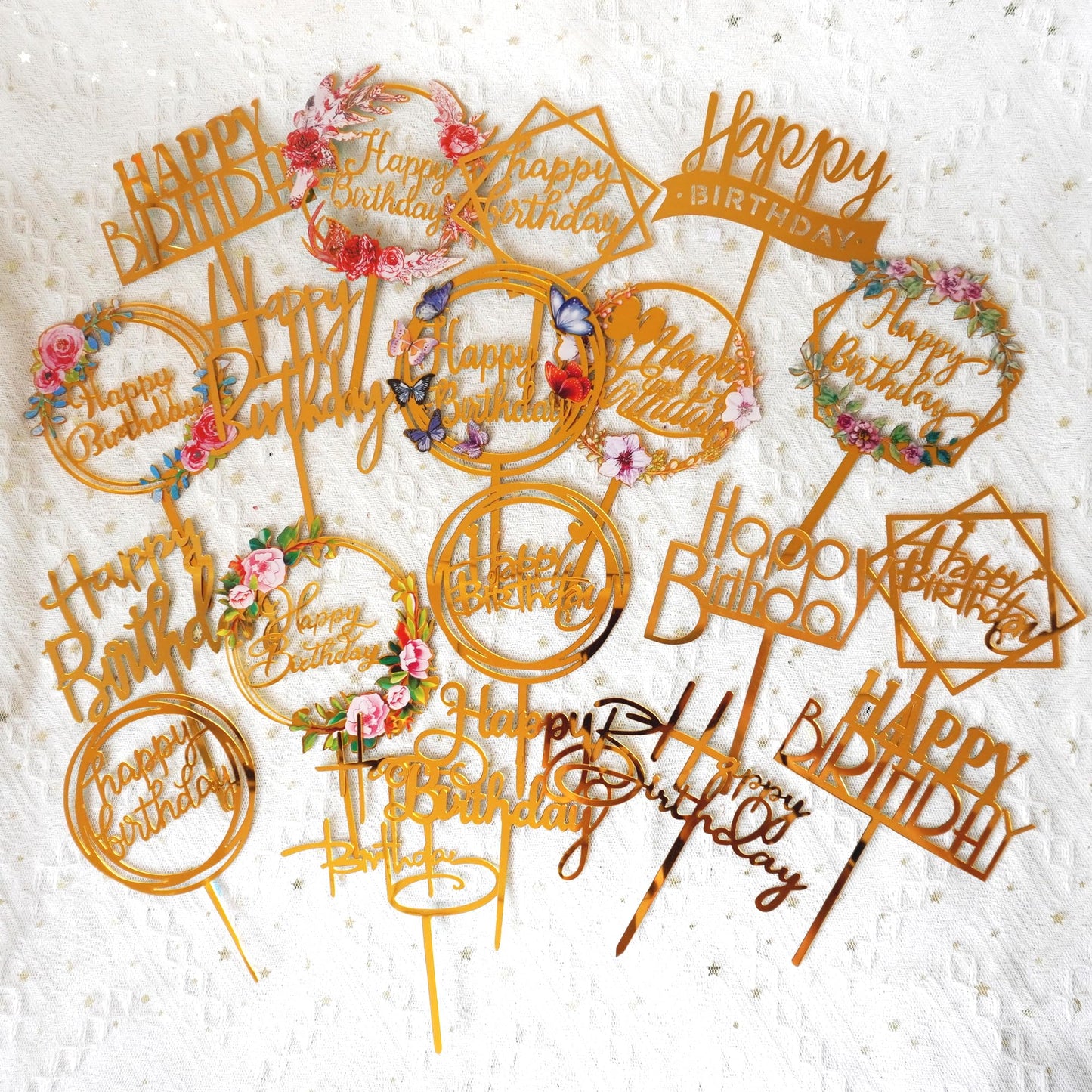 32 PCS Gold Happy Birthday Cake Toppers Flower Acrylic Birthday Cake Topper Cake Pick Decorations (Gold)