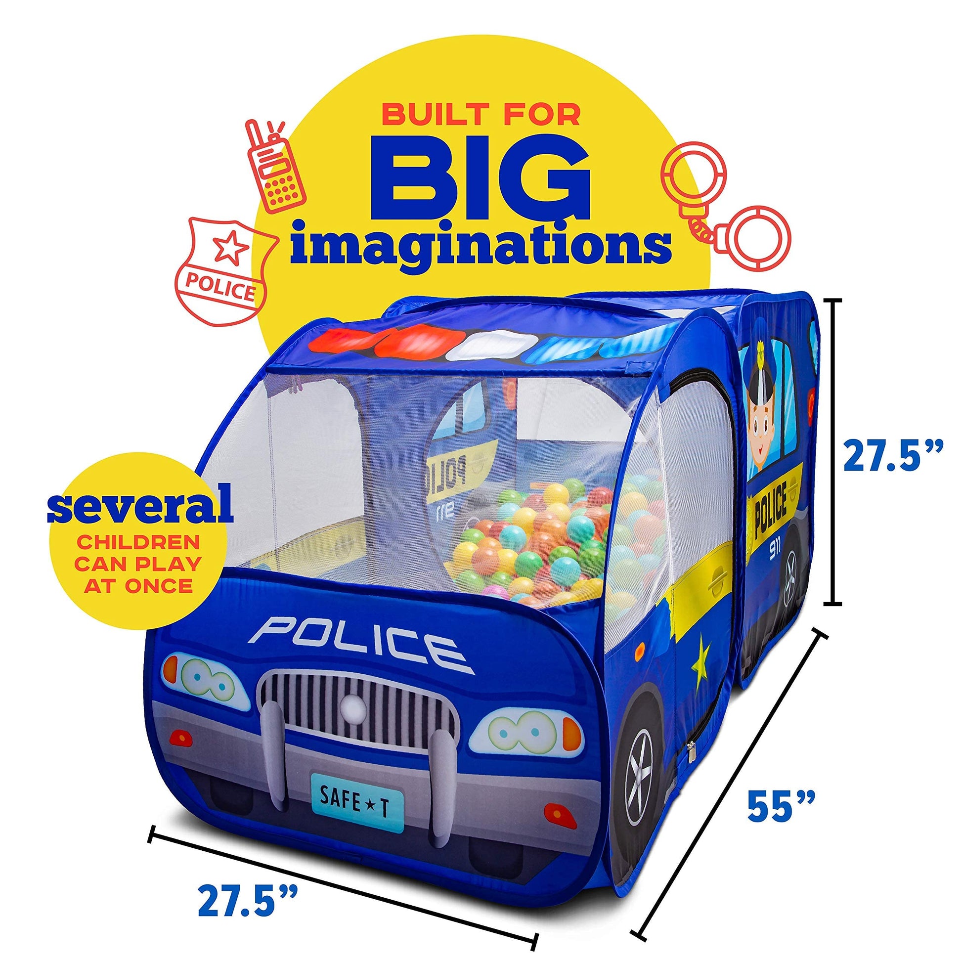 Police Car Pop Up Play Tent with Sound Button and Policeman Officer Costume for Kids, Toddlers, Boys, Girls, Indoors & Outdoors - Playhouse