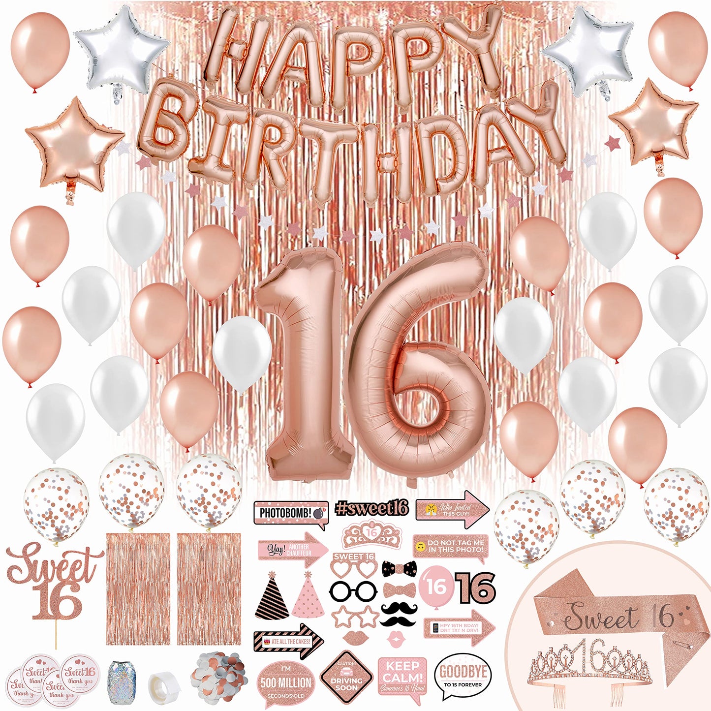 PartyHooman Sweet 16 Birthday Decorations Rose Gold With Sweet 16 Sash and Tiara Set, 2Pcs Backdrop, 25Pcs Pre-assembled Photo Booth Props, Balloons