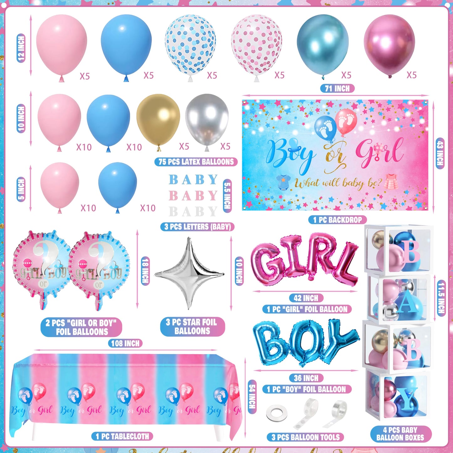 92Pcs Boy or Girl Gender Reveal Decorations Set Balloons Boxes