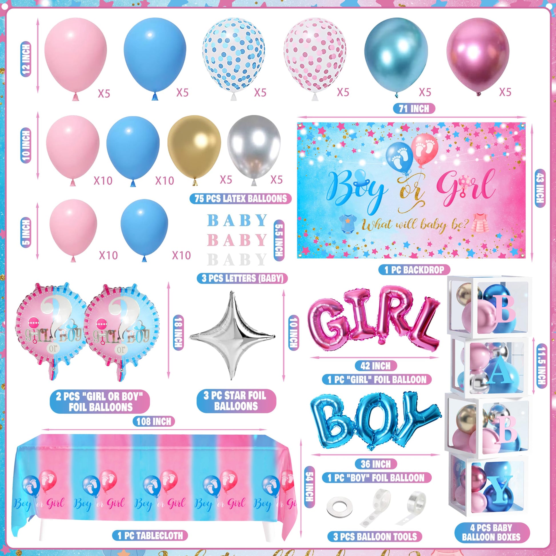 92Pcs Boy or Girl Gender Reveal Decorations Set Balloons Boxes
