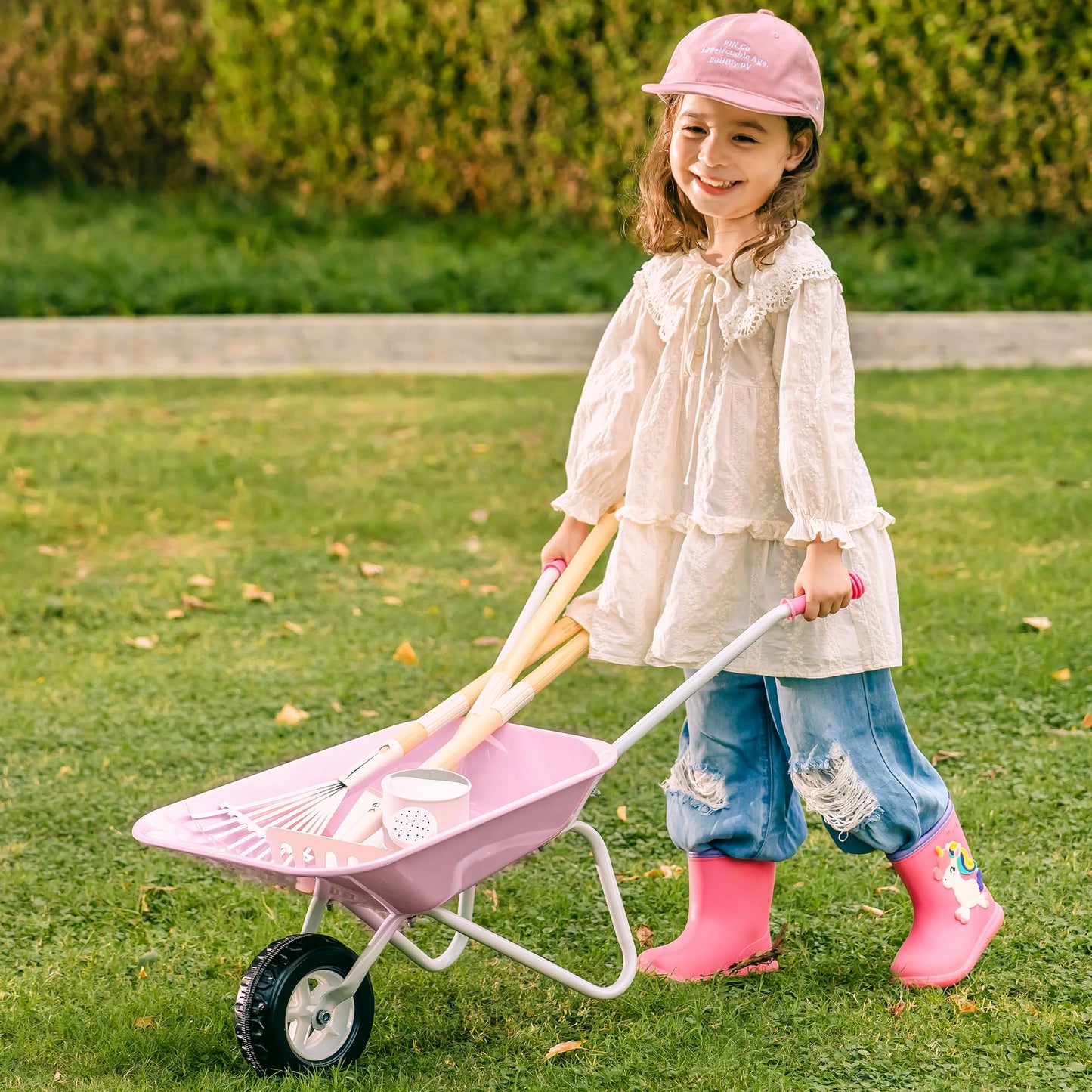ROBOTIME Kids Wheelbarrow with Gardening Set - Metal Wheelbarrow Toddler Outdoor Play Toy with Garden Tools, Watering Can & Plant Labels, Pretend Play
