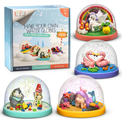 Kipipol Snow Globe Making Kit for Kids - Make Your Own Snow Globes for Girls w/ 4 DIY Snowglobe, 5 Figures, 20 Packs of Modeling Clay for Kids