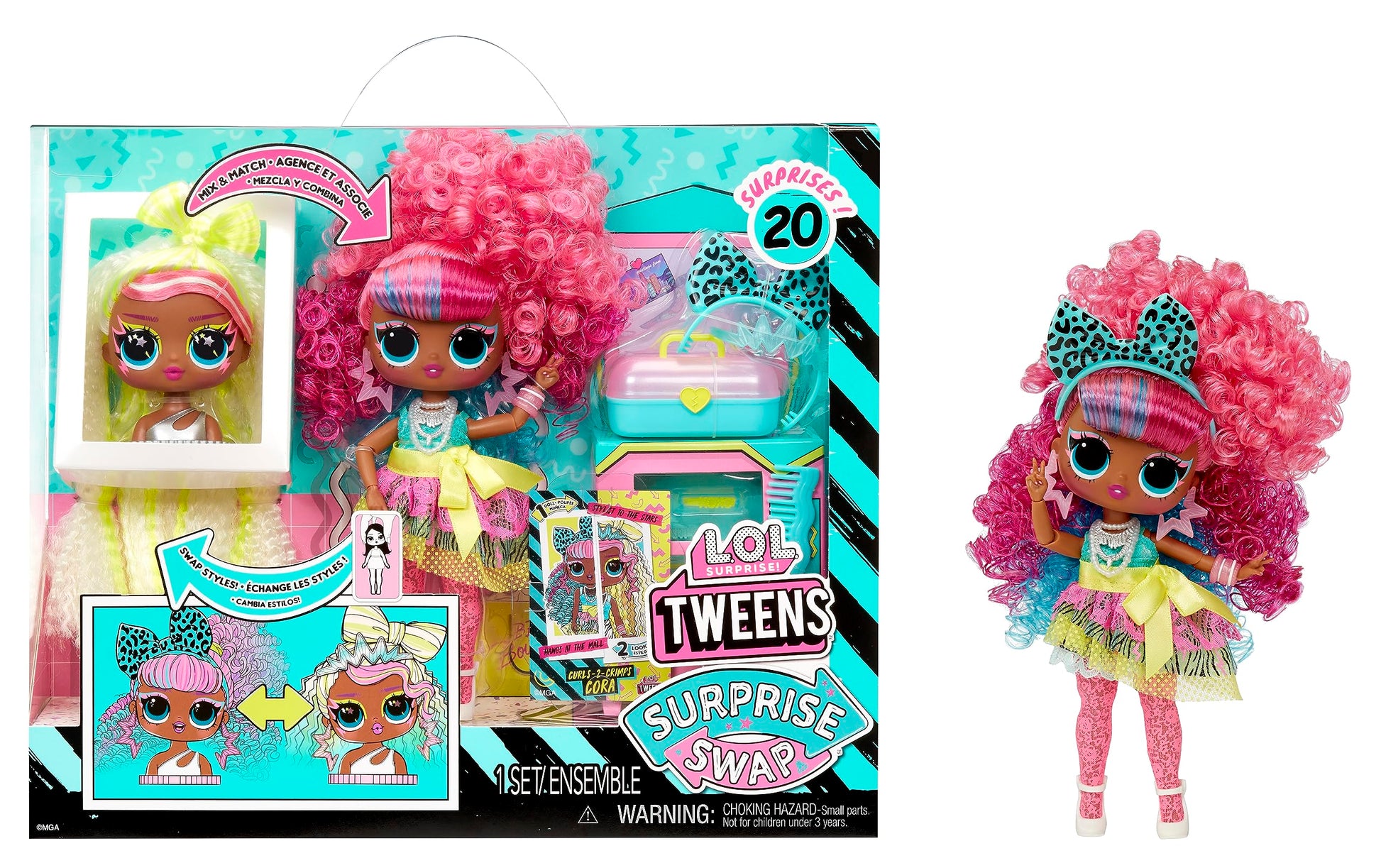 L.O.L. Surprise! Tweens Surprise Swap Curls-2-Crimps Cora Fashion Doll with 20+ Surprises Including Styling Head and Fabulous Fashions and Accessories