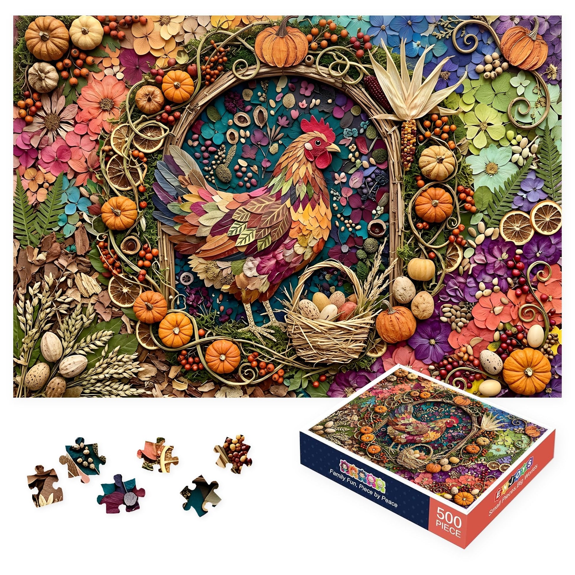 Farmhouse Harvest Garden Collage 500 Piece Jigsaw Puzzle for Adults, Colorful Folk Art Chicken Puzzle with Pumpkins and Flowers, 20.5 x 15 in