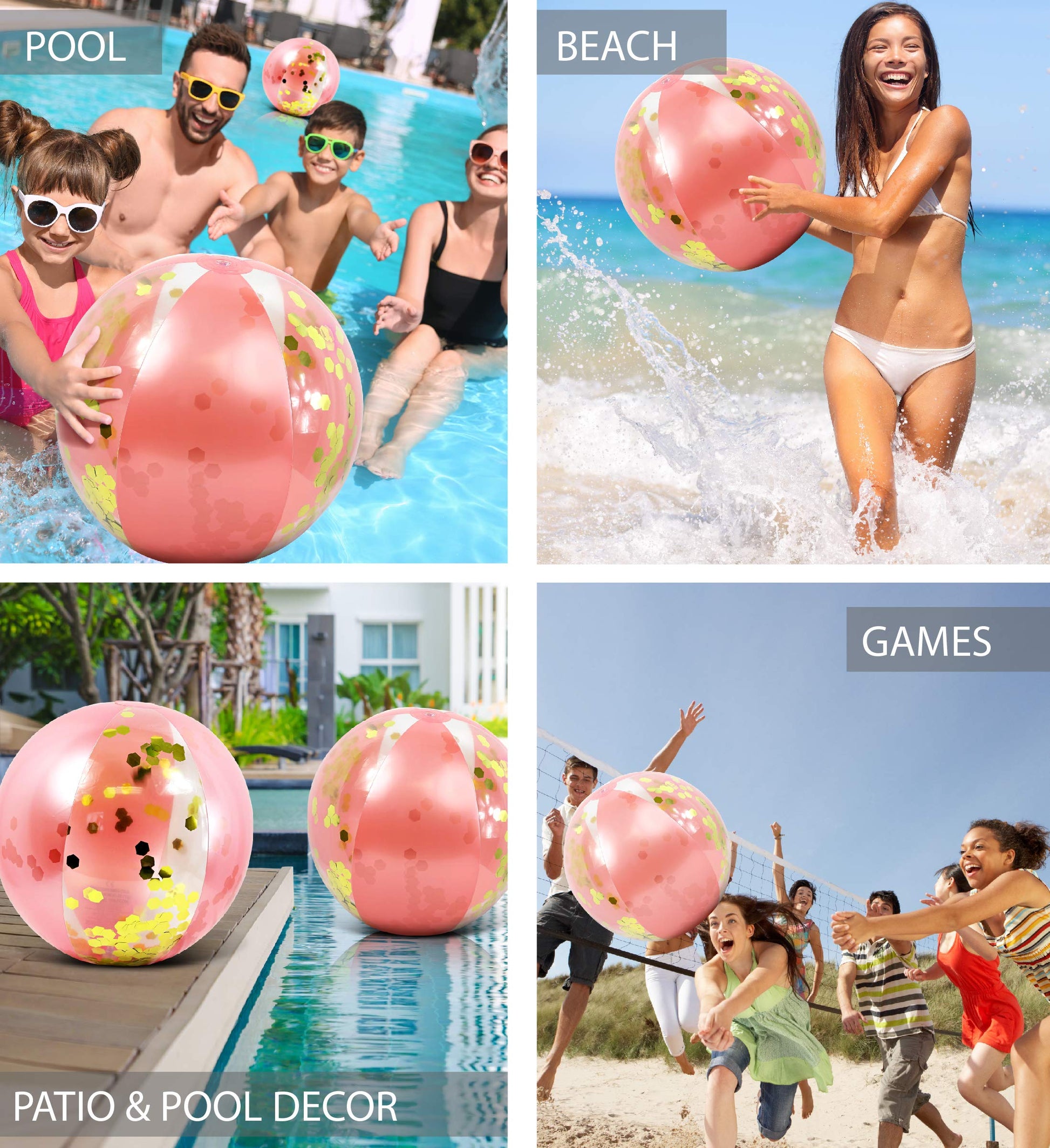 POZA Inflatable Beach Balls Rose Gold Set of 2 - Elegant Rose Gold Confetti Premium Floaters, Heavy Duty Vinyl Floatation Pool Toys for Pool Beach