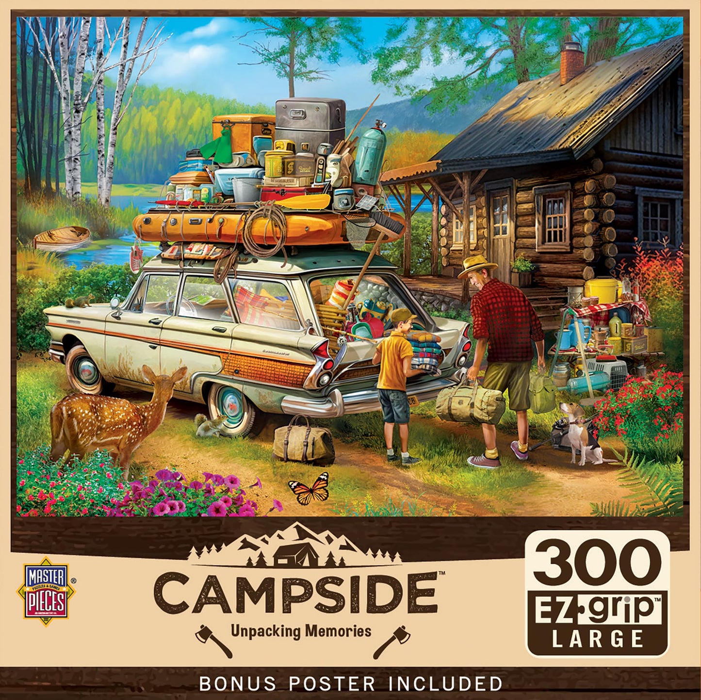 MasterPieces 300 Piece EZ Grip Jigsaw Puzzle - Unpacking Memories - Large Pieces for Adults & Family, 18" x 24", Retro Summer Cabin Theme