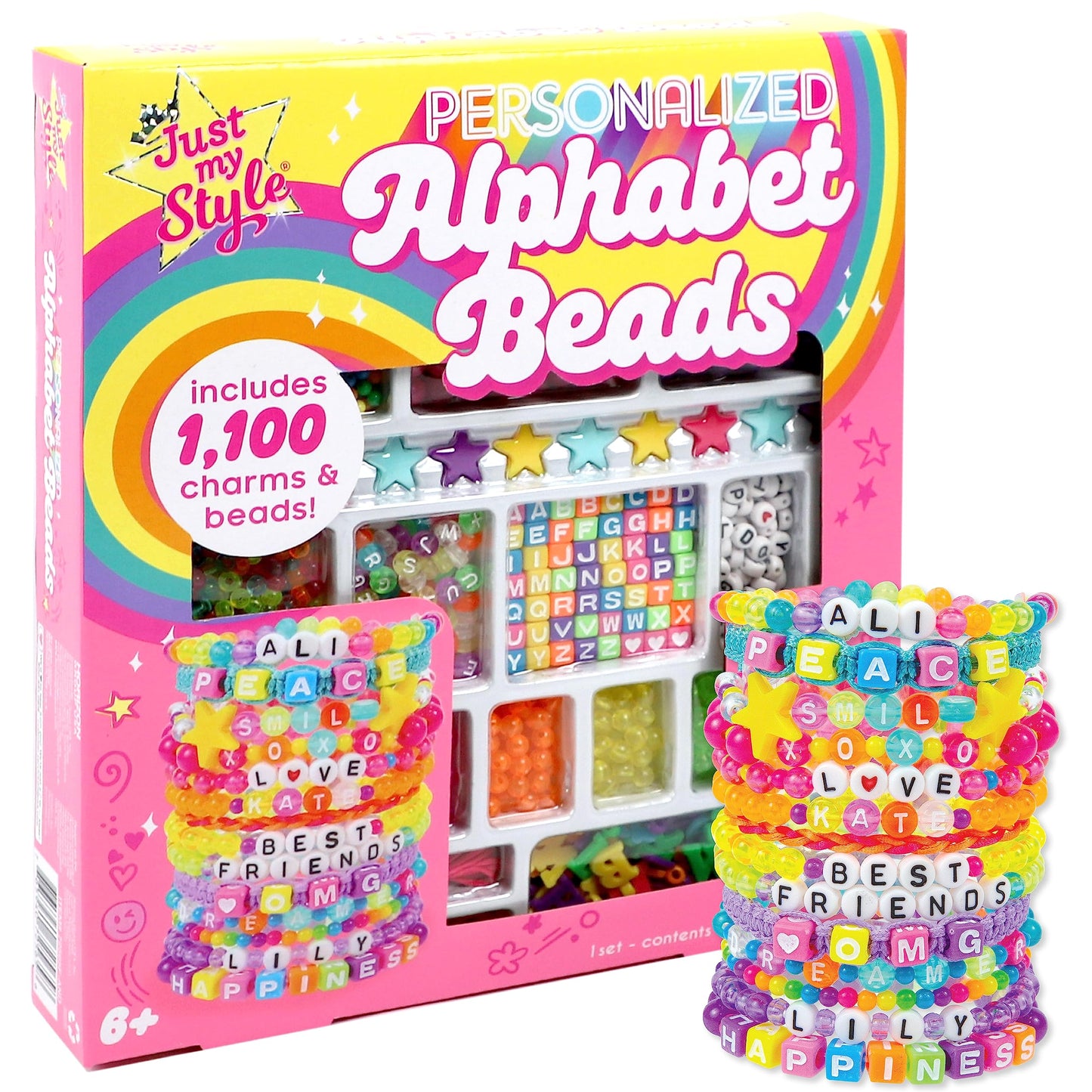 Just My Style ABC Beads by Horizon Group Usa, 1000+ Charms & Beads, Alphabet Charms, Accent Seed Star Wax Beading Cord, Satin Cord Key Ring Included