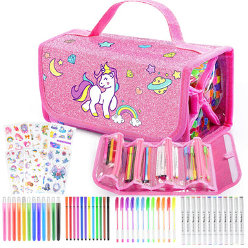 Unicorn Toys for Girls Age 4 5 6 7 8, Unicorn Washable Markers Set with Glitter Pencil Case, Girl Toys Coloring Drawing Kits Art Supplies for Kids 4-6