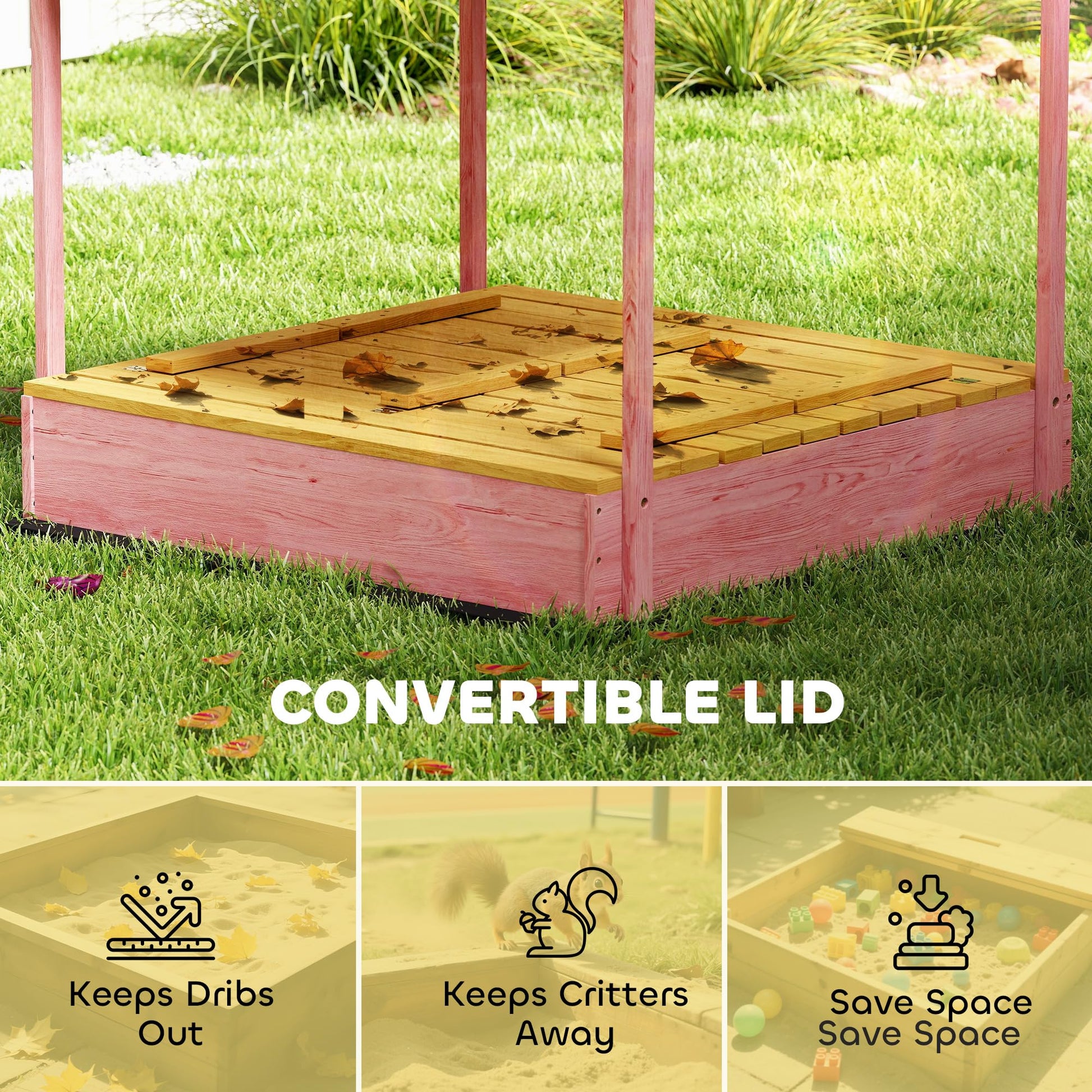 Qaba Wooden Sandbox with Cover Bench Seats Canopy for Kids Ages 3-6 Pink